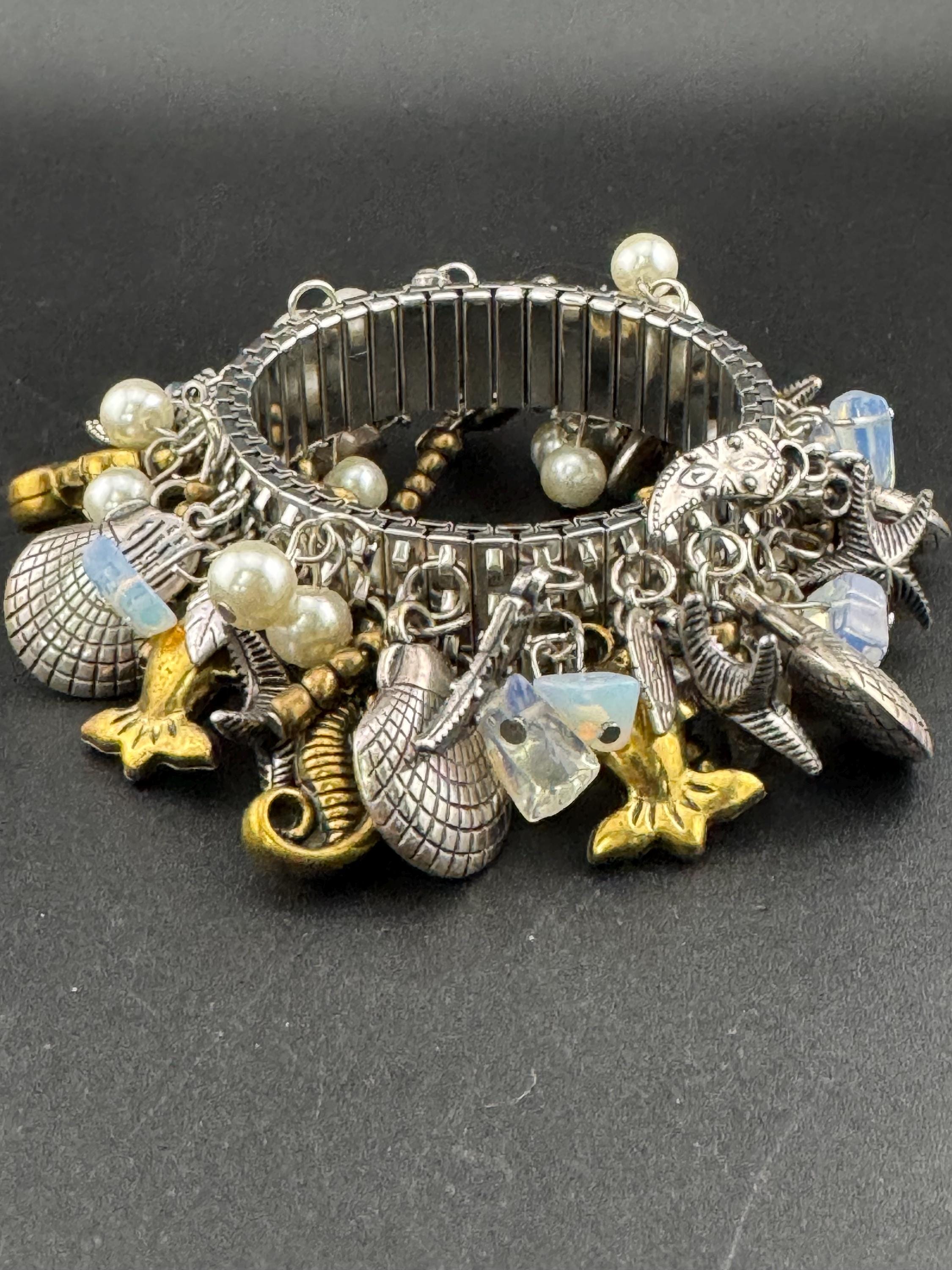 Vintage charm bracelet set with pearl starfishes and seahorses , silver and gold tone chunky 3cm wide expandable stretch cuff bracelet