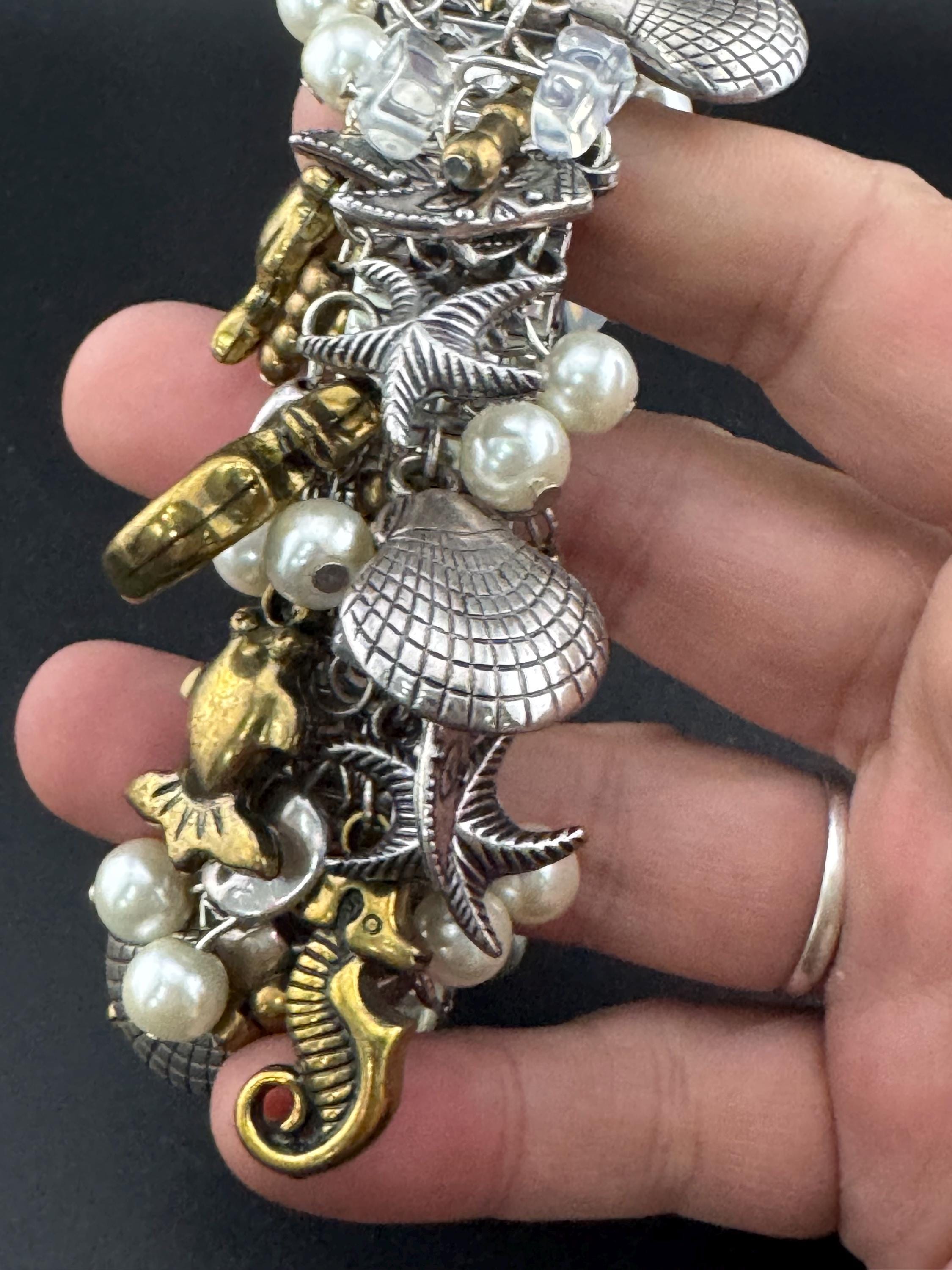 Vintage charm bracelet set with pearl starfishes and seahorses , silver and gold tone chunky 3cm wide expandable stretch cuff bracelet