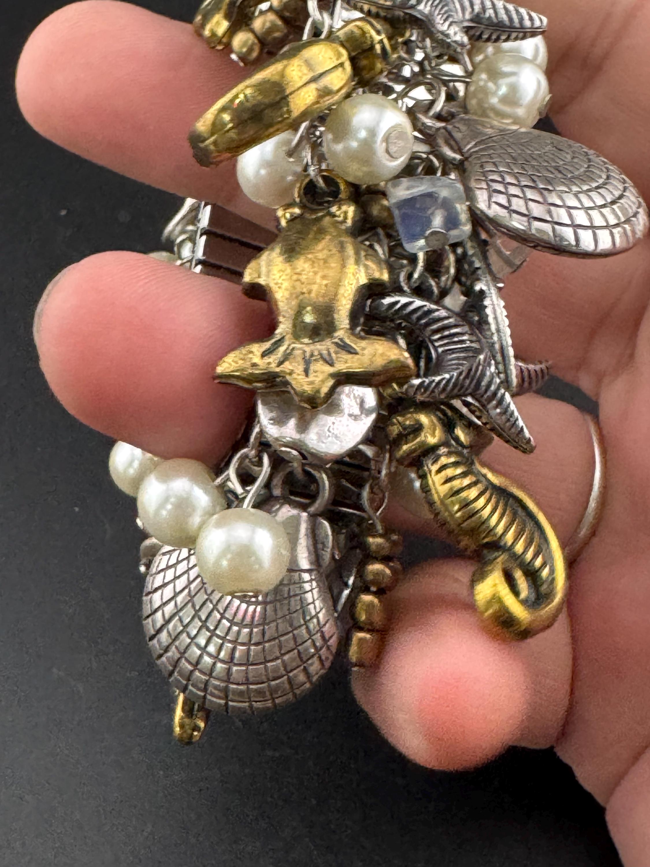 Vintage charm bracelet set with pearl starfishes and seahorses , silver and gold tone chunky 3cm wide expandable stretch cuff bracelet