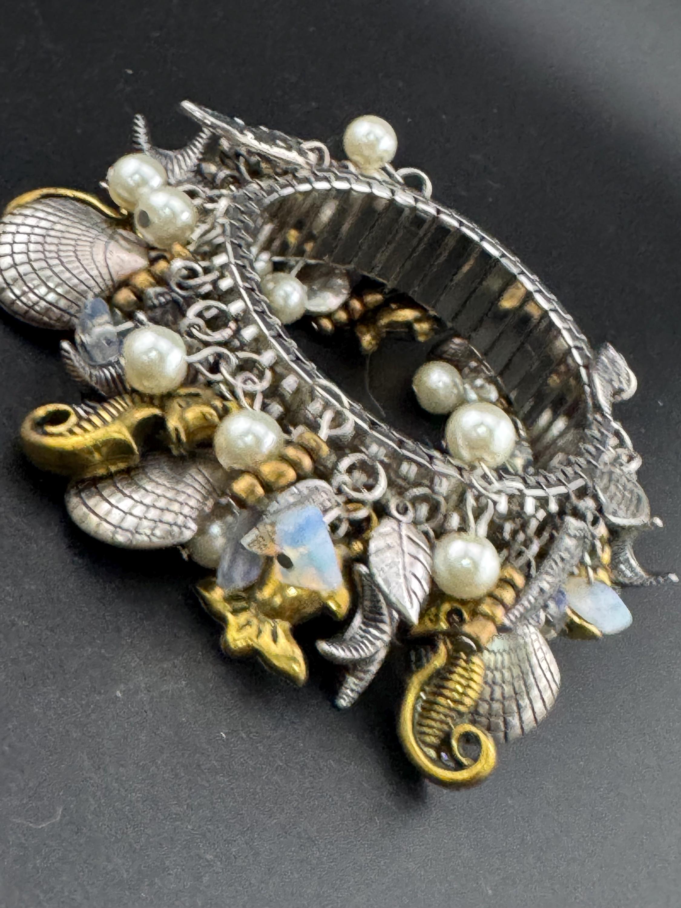 Vintage charm bracelet set with pearl starfishes and seahorses , silver and gold tone chunky 3cm wide expandable stretch cuff bracelet