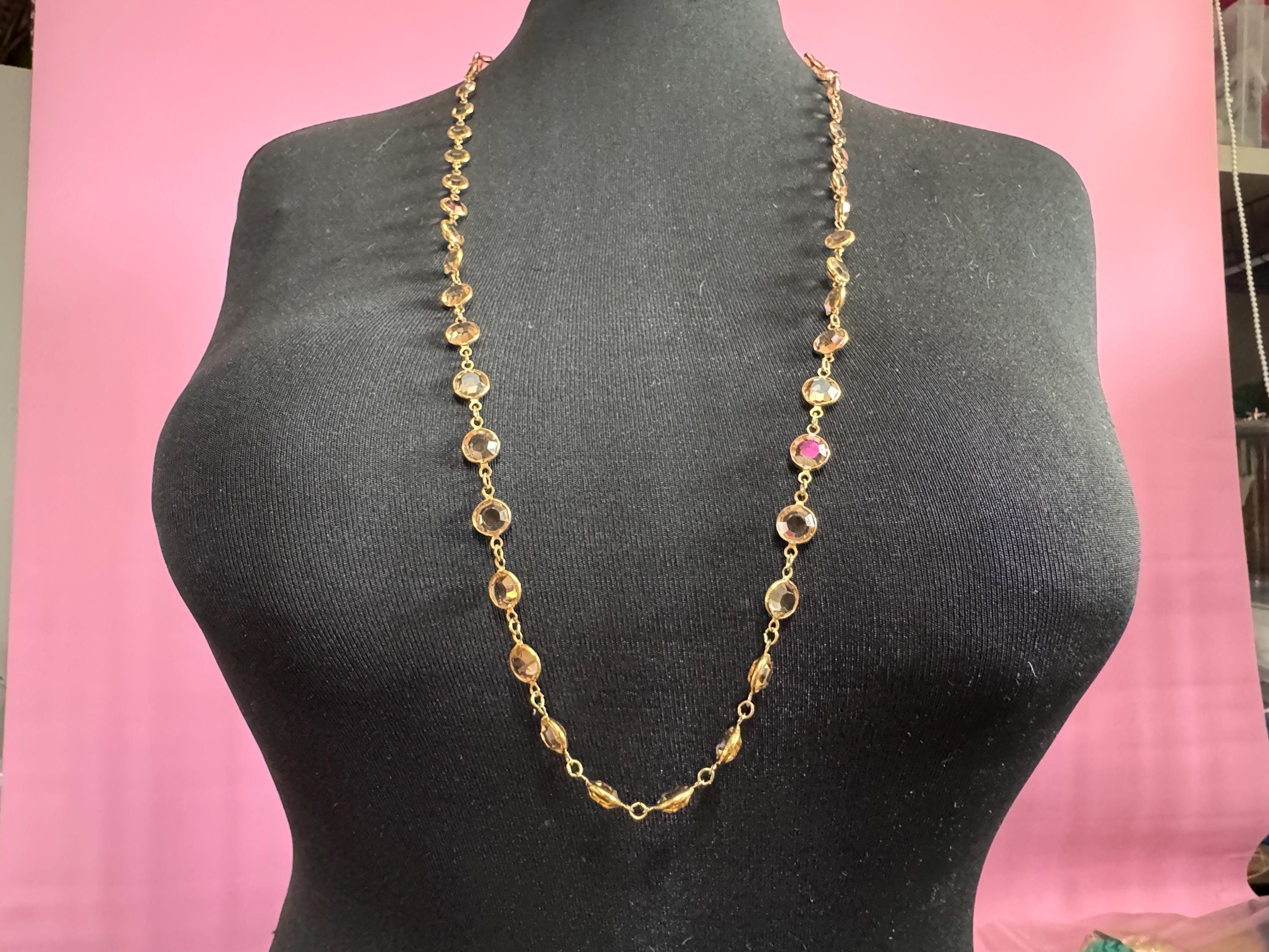 Signed Swarovski crystal Vintage 90cm gold tone soft brown topaz taupe coloured rivière glass bezel chain link station necklace