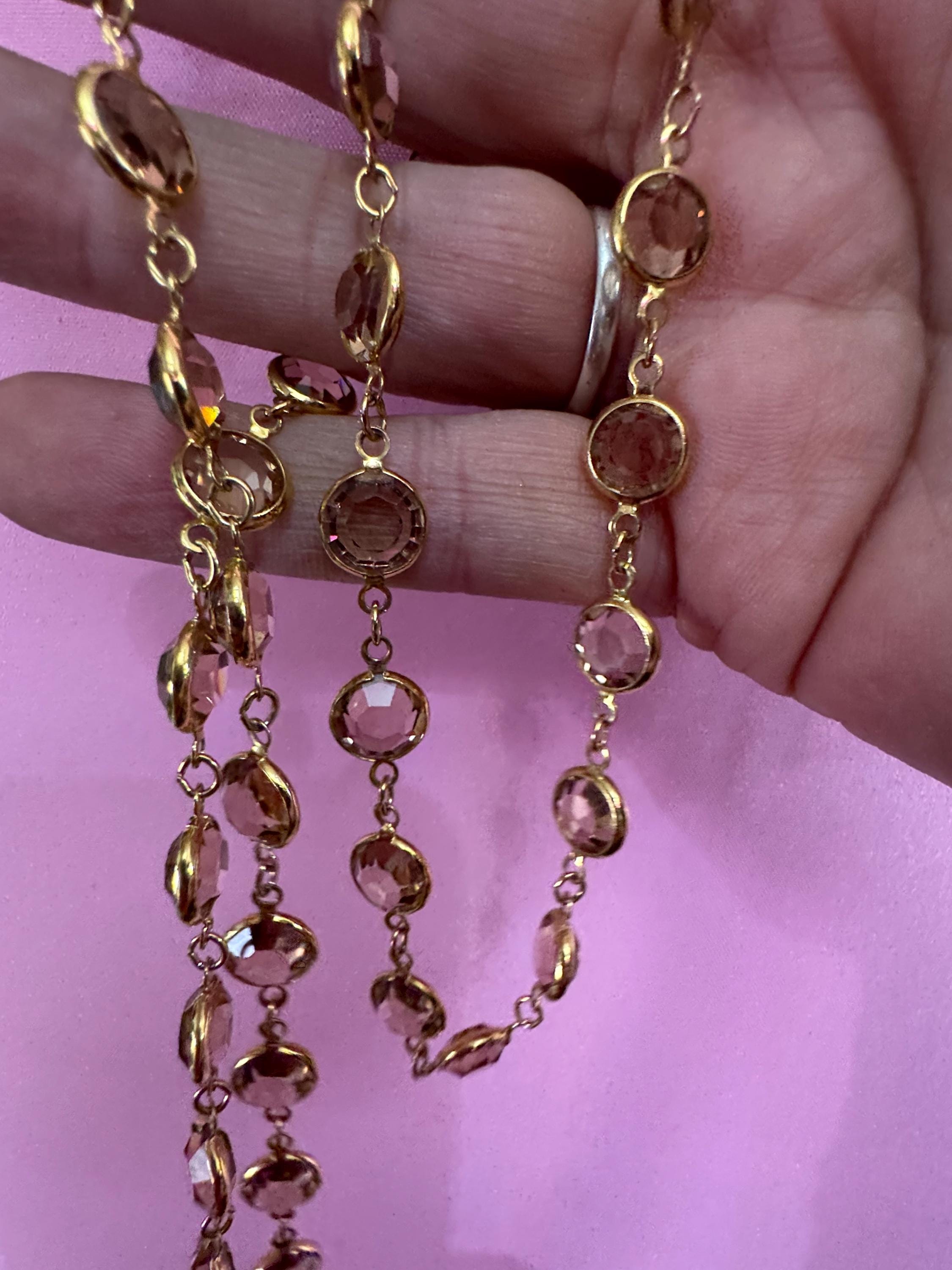 Signed Swarovski crystal Vintage 90cm gold tone soft brown topaz taupe coloured rivière glass bezel chain link station necklace