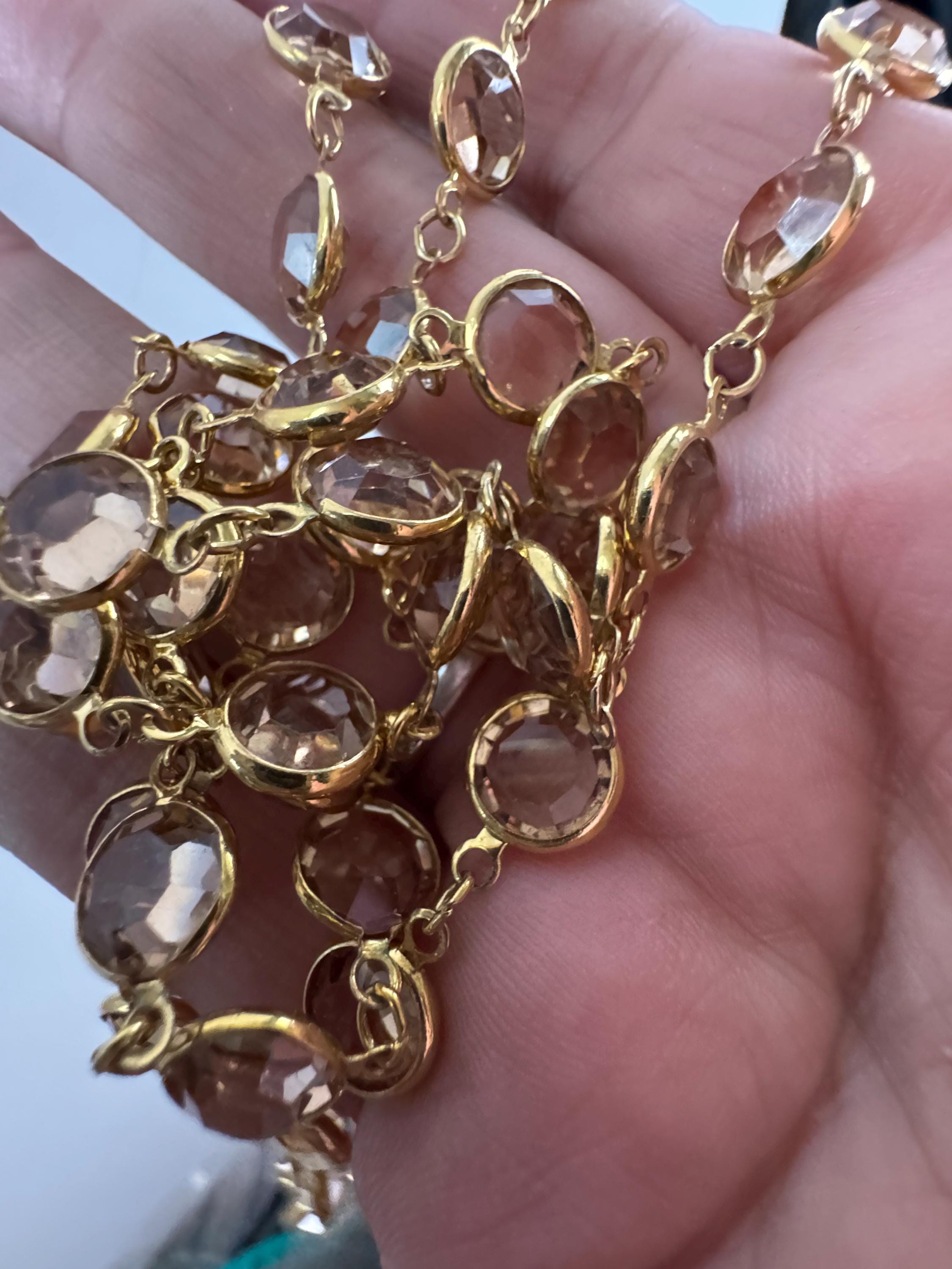 Signed Swarovski crystal Vintage 90cm gold tone soft brown topaz taupe coloured rivière glass bezel chain link station necklace