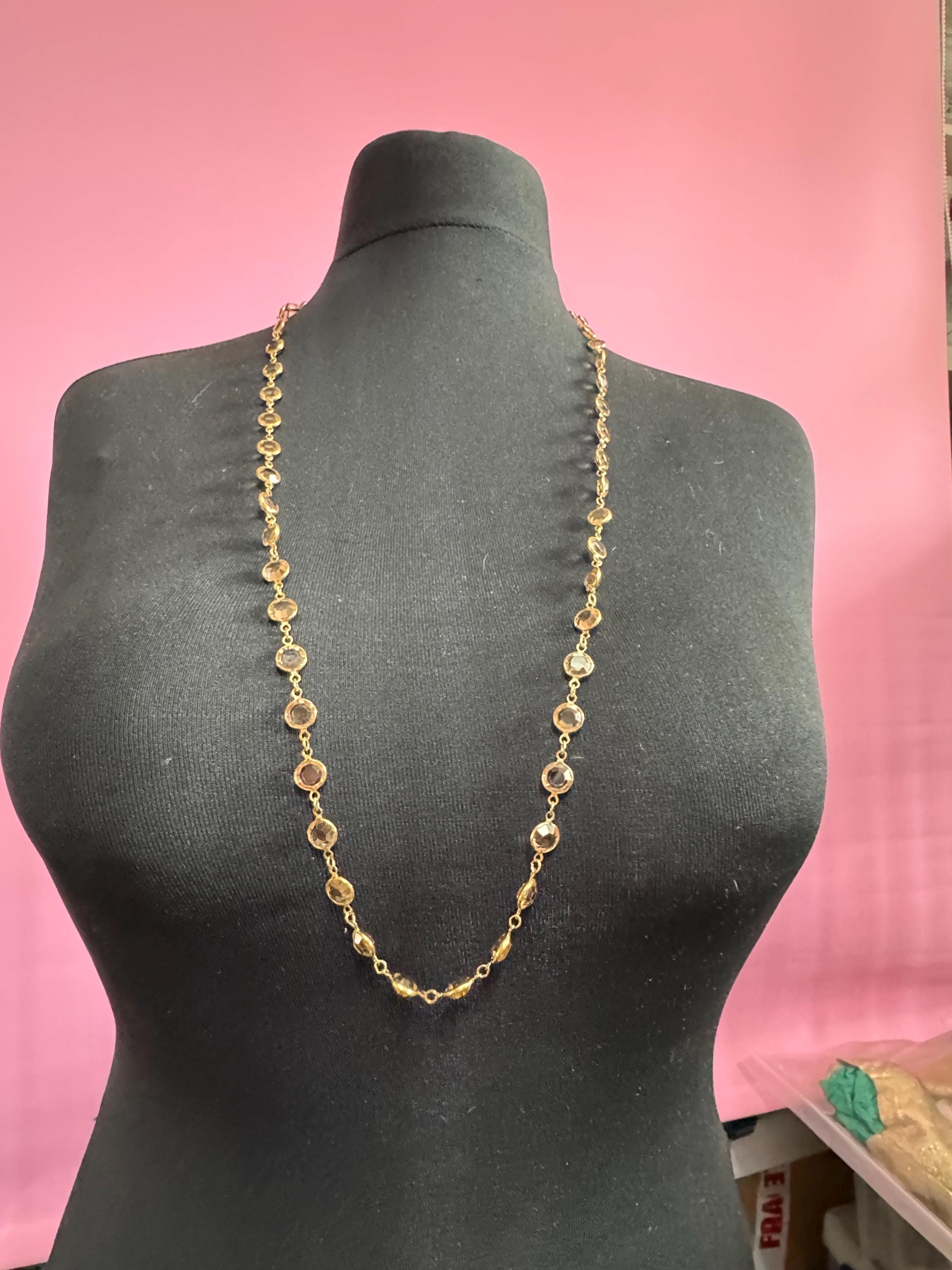Signed Swarovski crystal Vintage 90cm gold tone soft brown topaz taupe coloured rivière glass bezel chain link station necklace