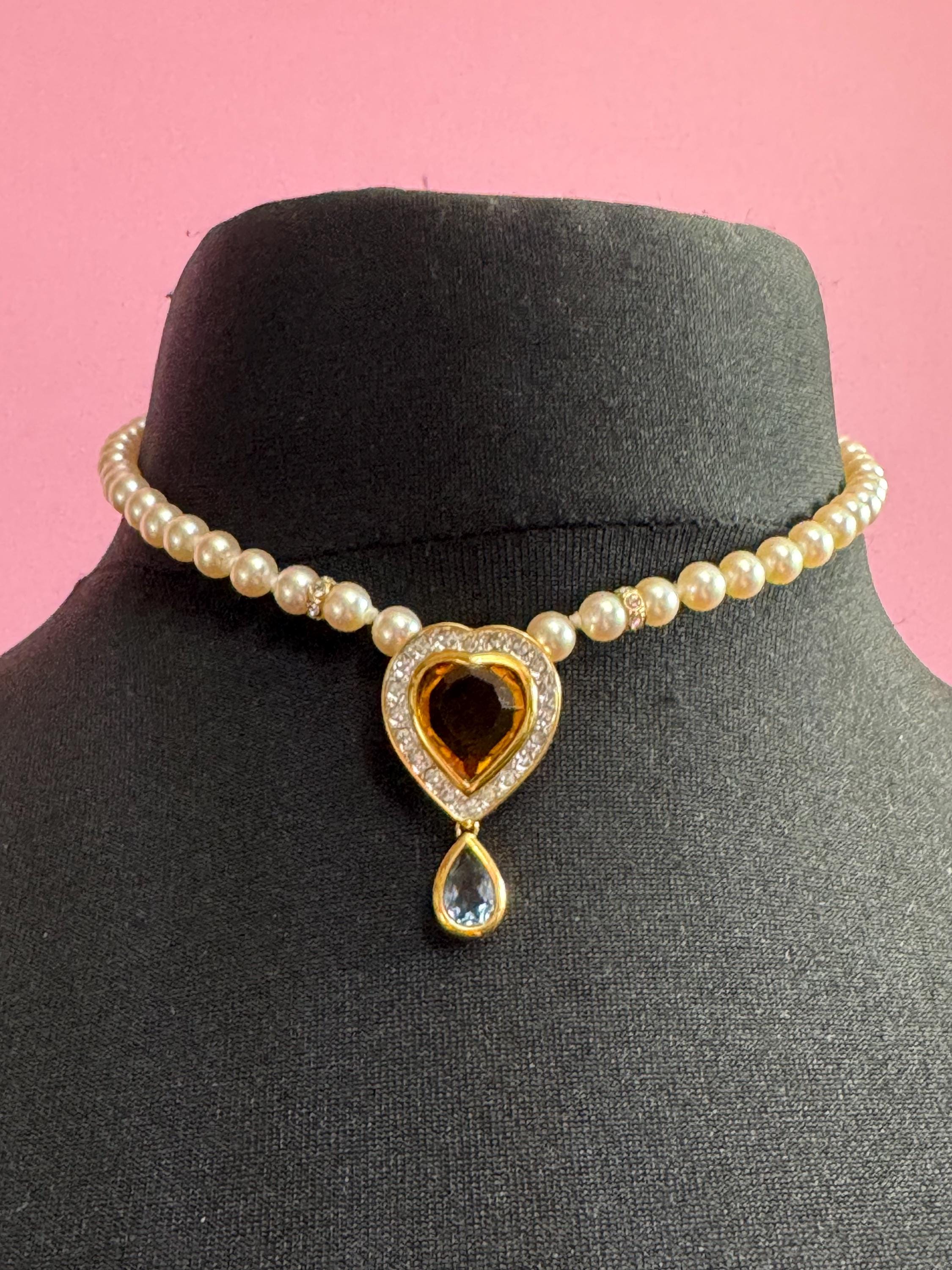 Signed Swarovski SAL gold tone high end orange topaz crystal heart diamanté pearl necklace