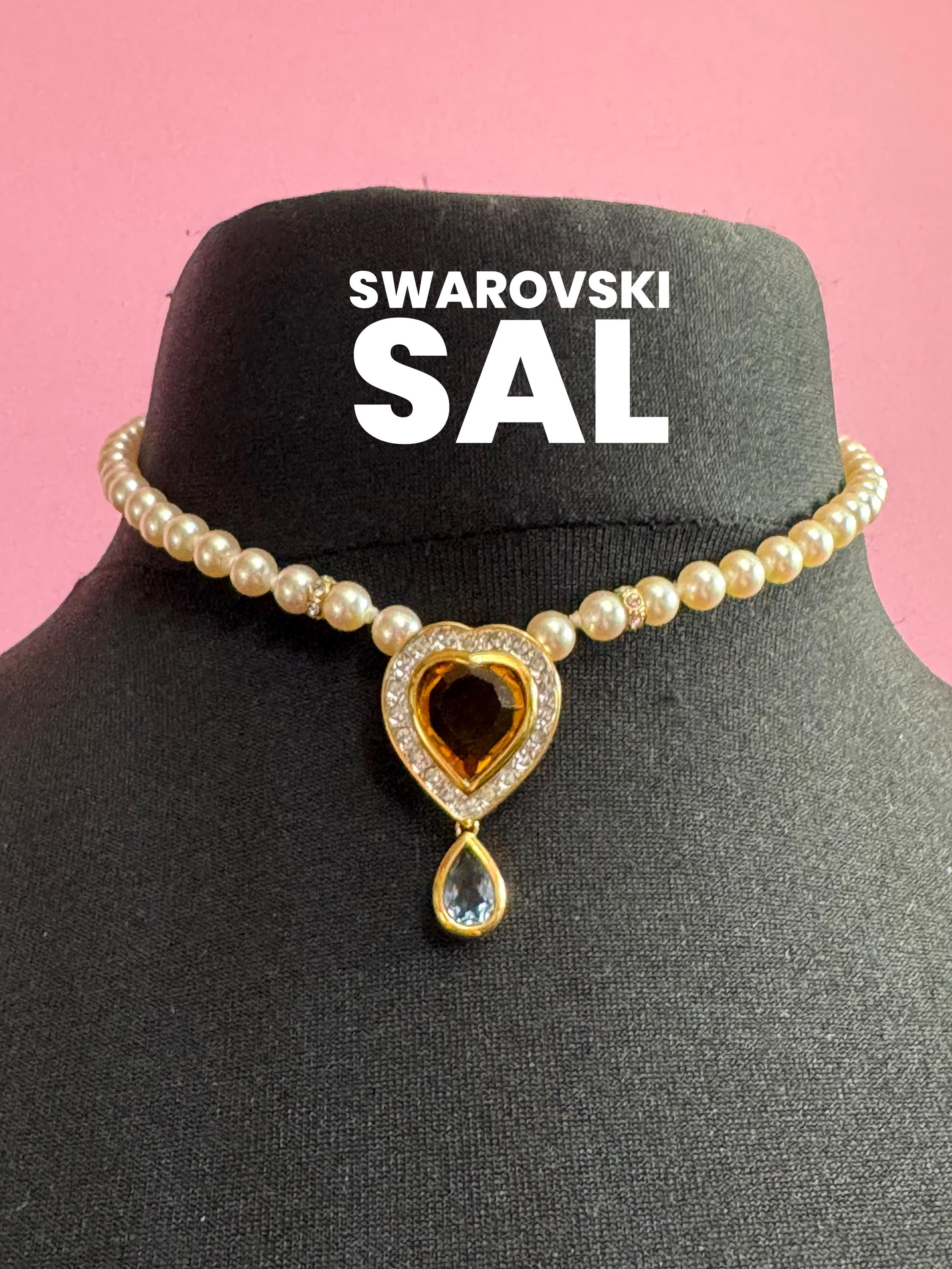 Signed Swarovski SAL gold tone high end orange topaz crystal heart diamanté pearl necklace