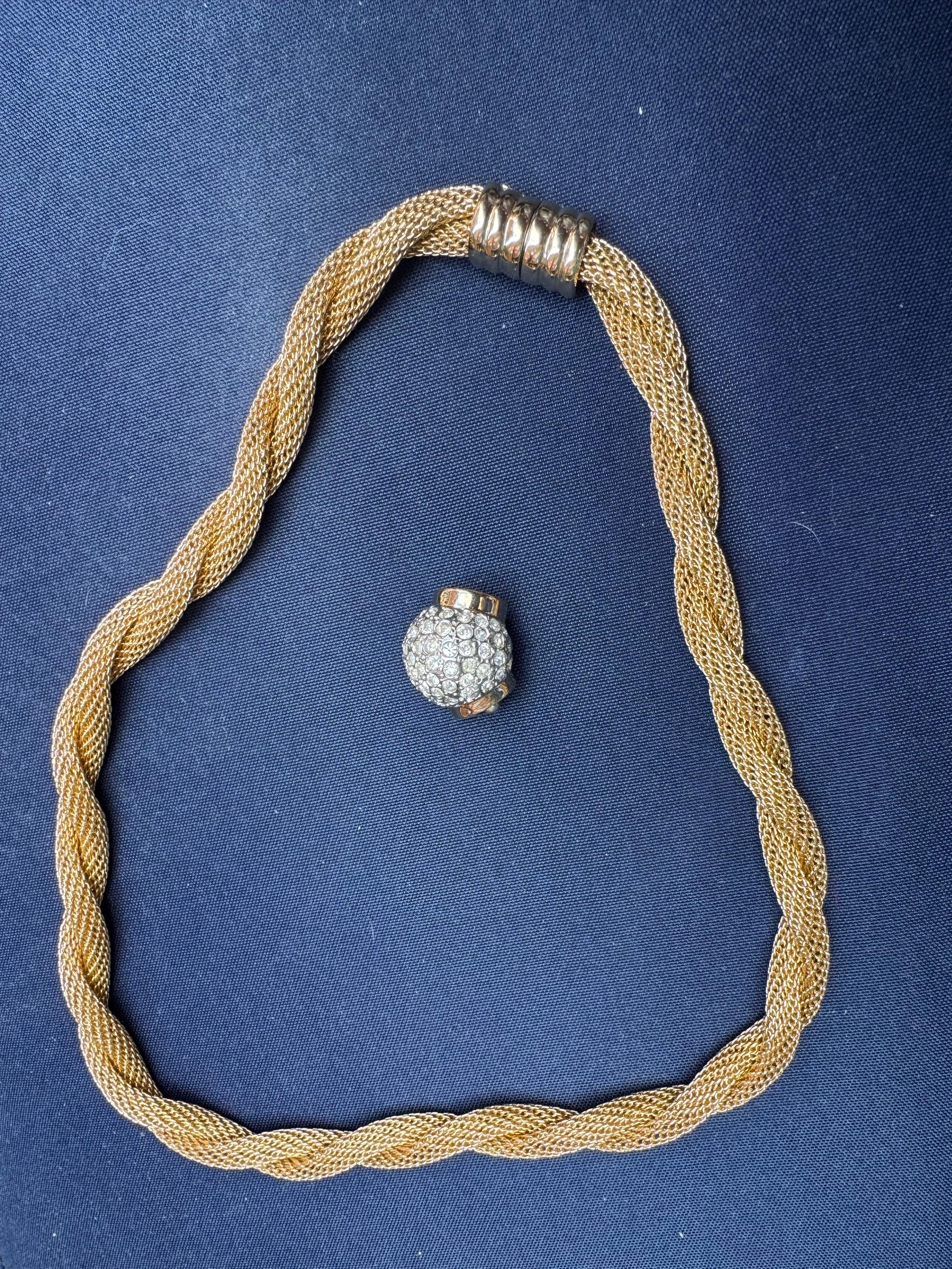 Signed IVANA Trump modernist and versatile gold tone wide mesh choker necklace with clear diamanté detail and popper clasp