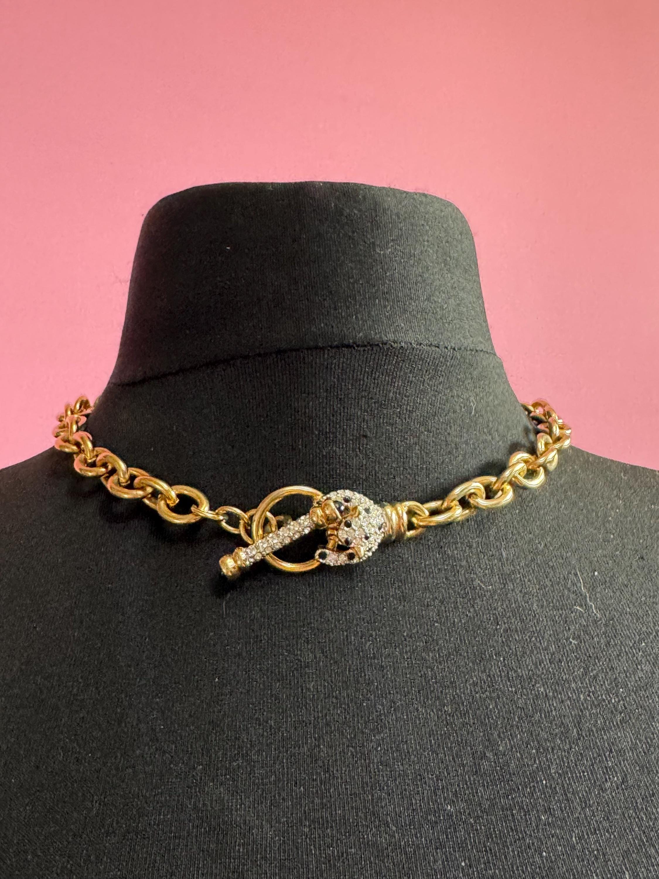 Signed IVANA Trump rhinestone leopard choker necklace with cabochon toggle clasp