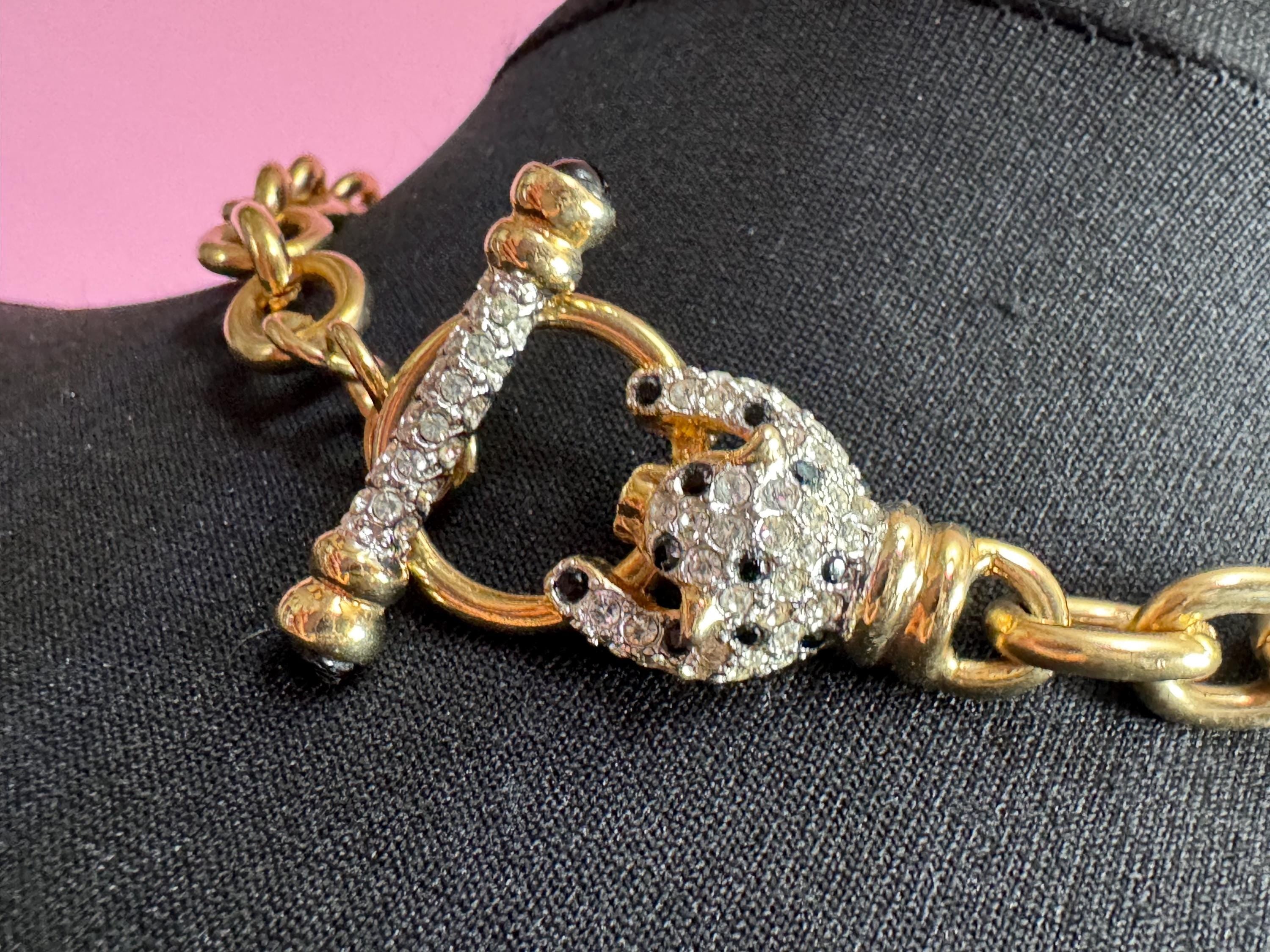 Signed IVANA Trump rhinestone leopard choker necklace with cabochon toggle clasp