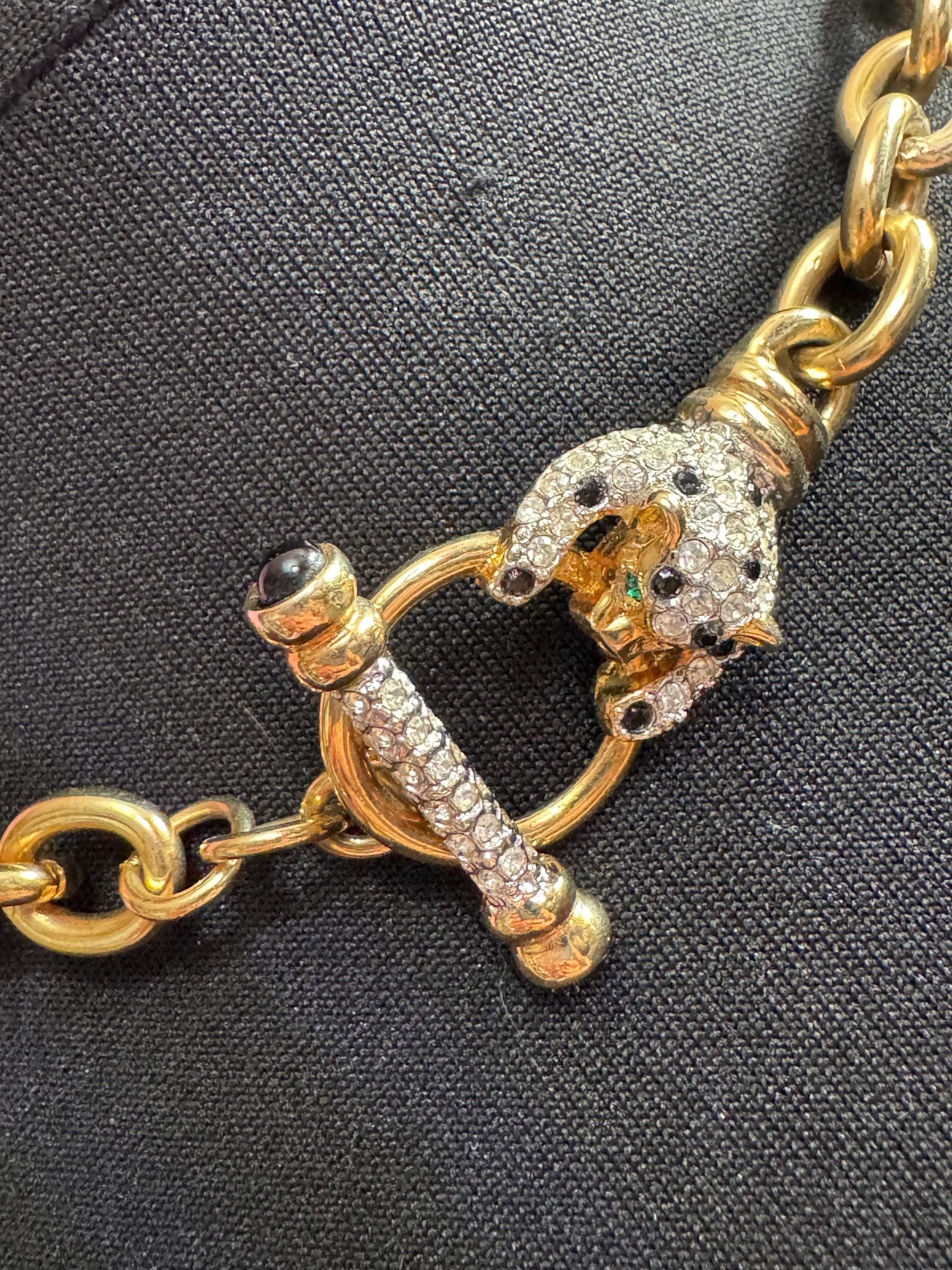 Signed IVANA Trump rhinestone leopard choker necklace with cabochon toggle clasp