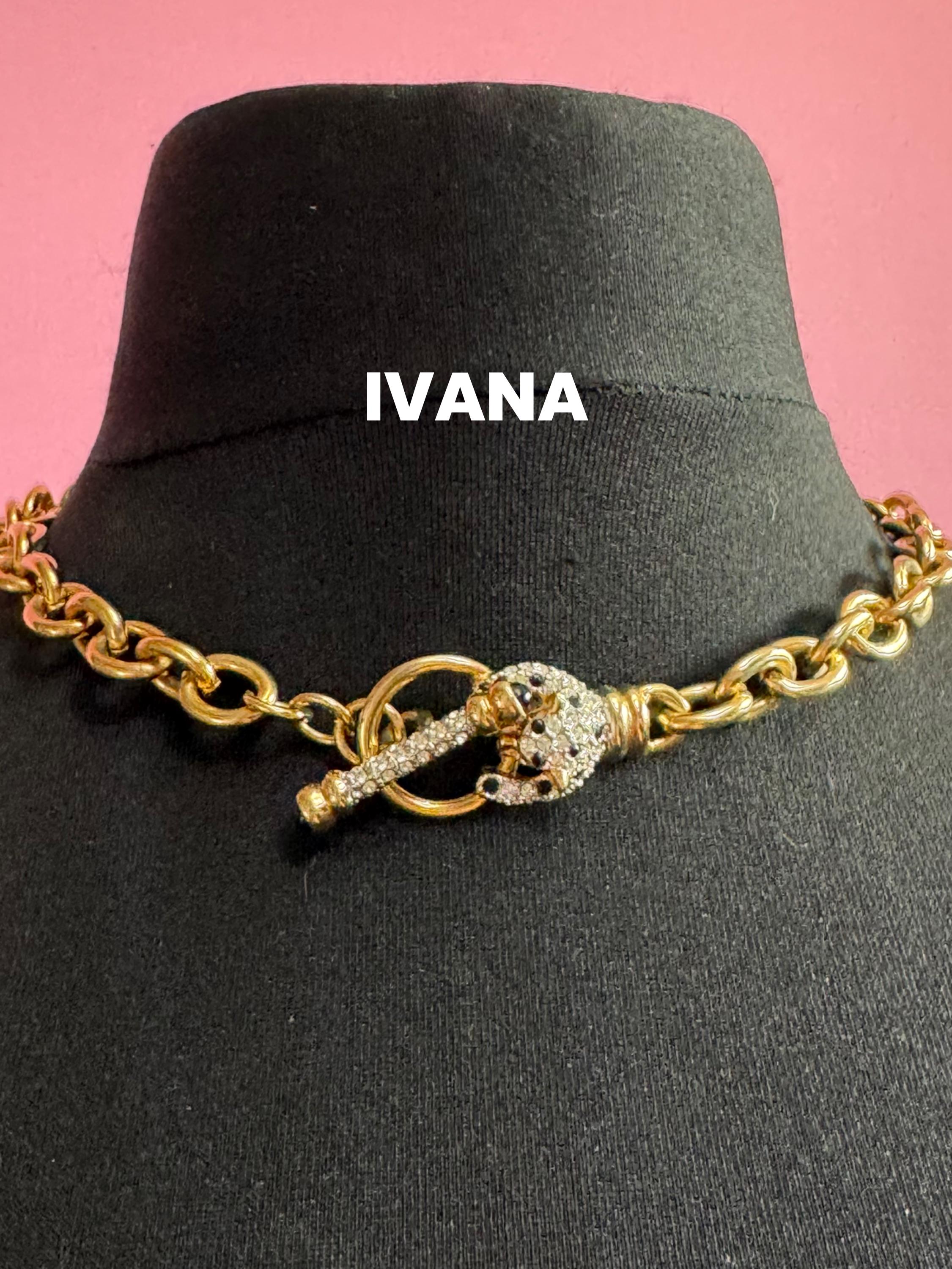 Signed IVANA Trump rhinestone leopard choker necklace with cabochon toggle clasp