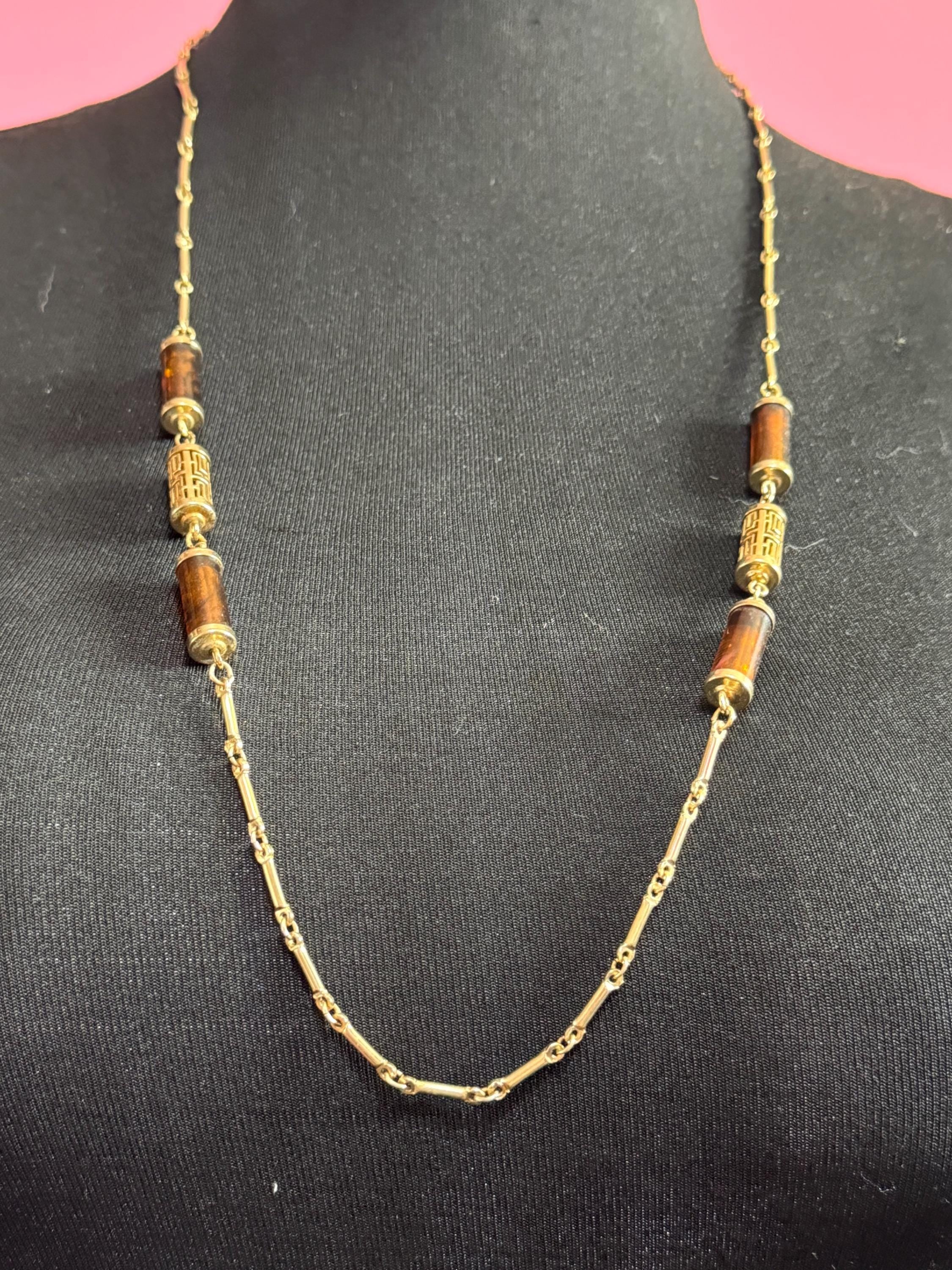 Vintage Sarah Coventry signed long gold tone station Chinese caged brown tube bead chain necklace 1960s 1970s