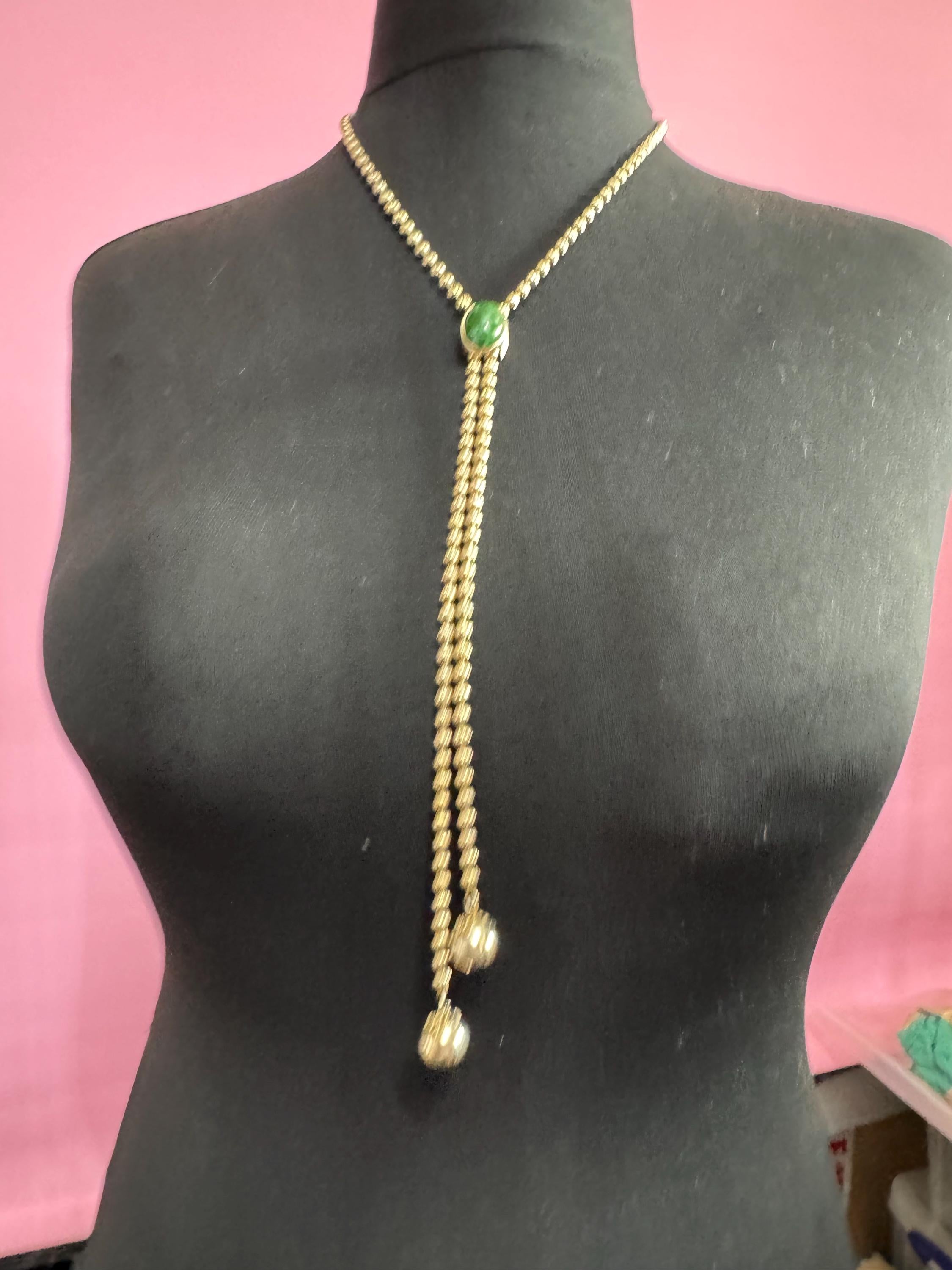 Signed Sarah Coventry gold tone ball bead chain drop tassel bolo necklace with green cabochon adjustable length