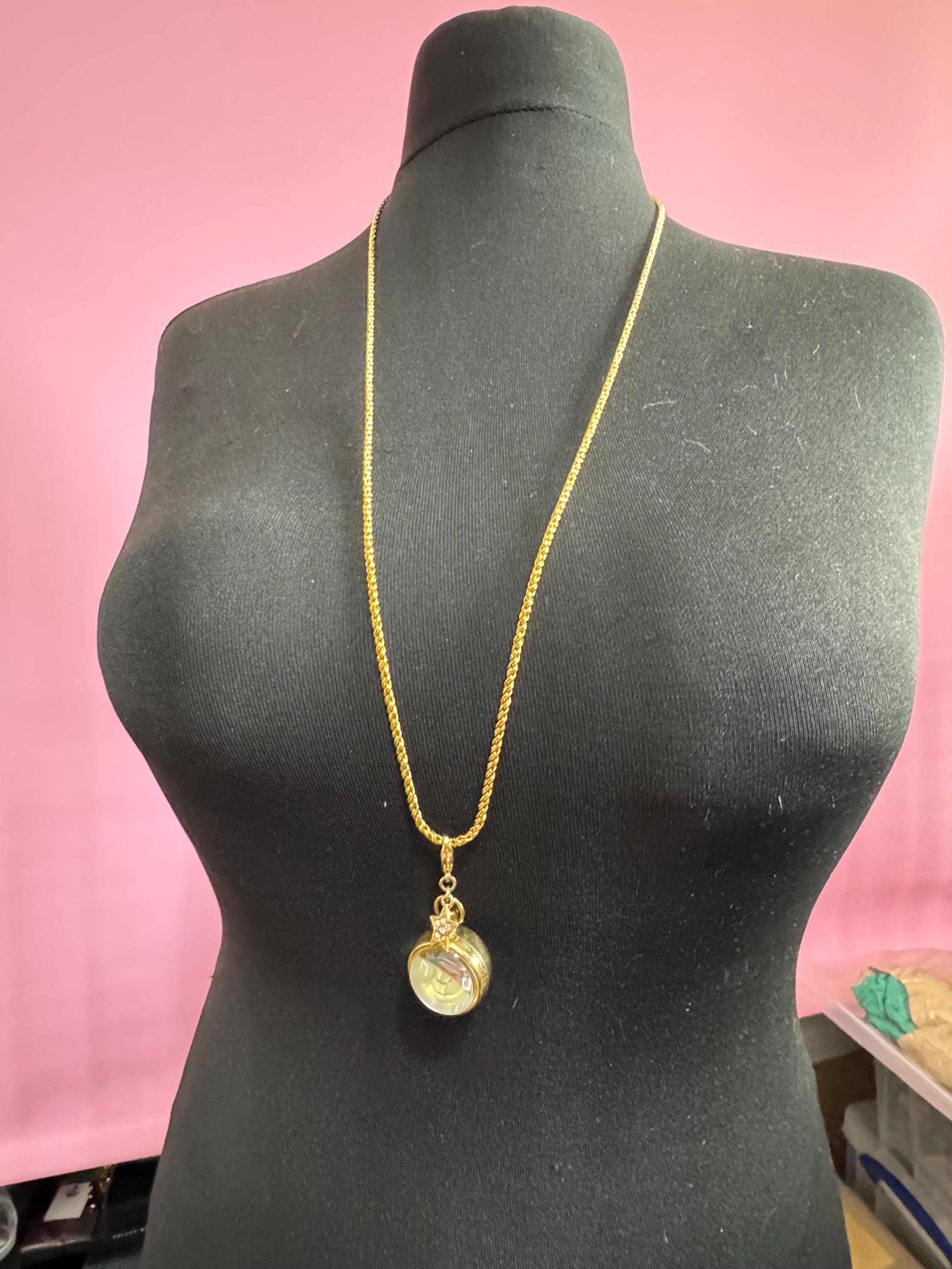 Signed Kirk’s Folly man in the moon ball pendant watch on a 86cm Kenneth lane gold plated long chain