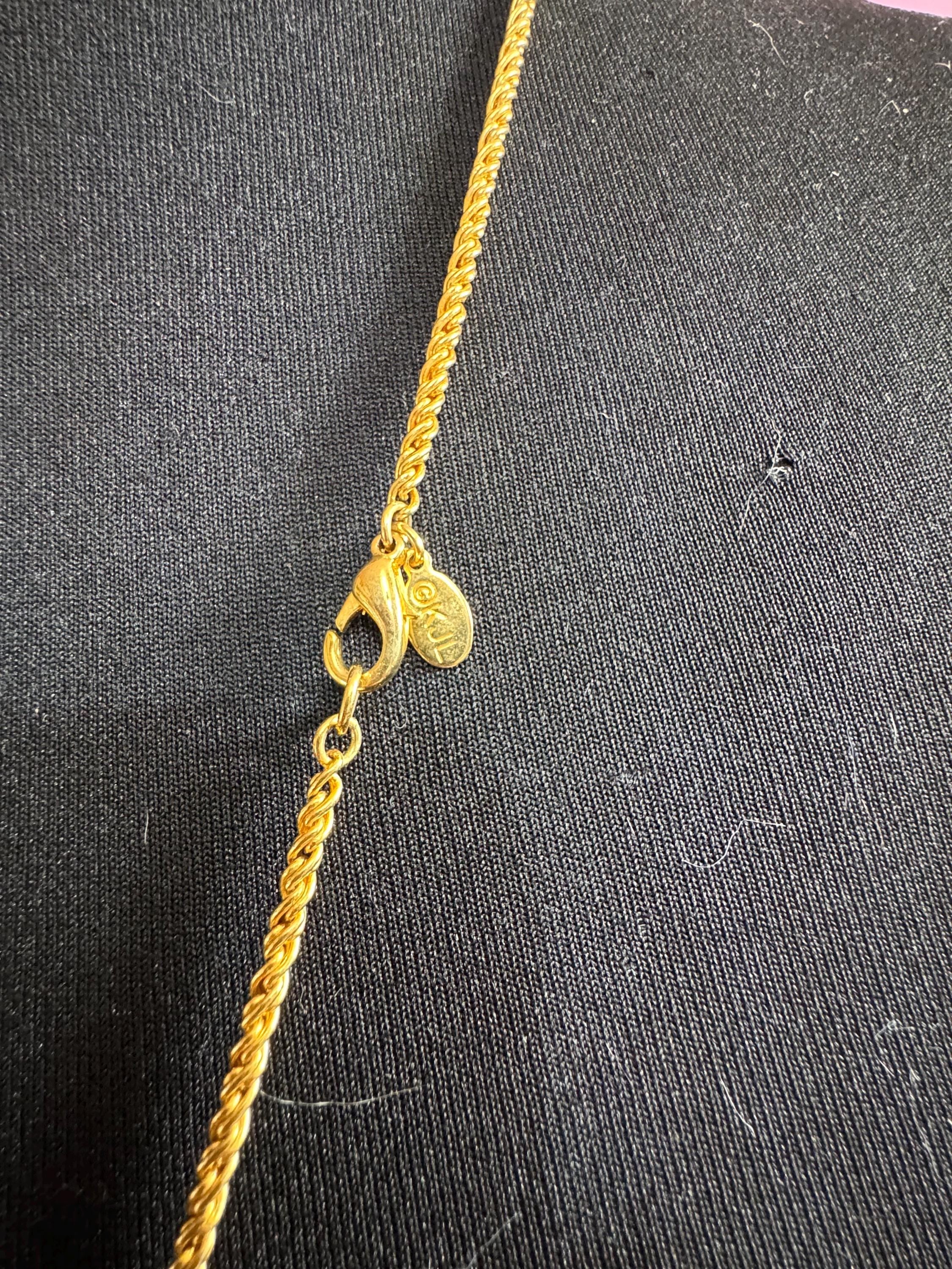 Signed Kirk’s Folly man in the moon ball pendant watch on a 86cm Kenneth lane gold plated long chain