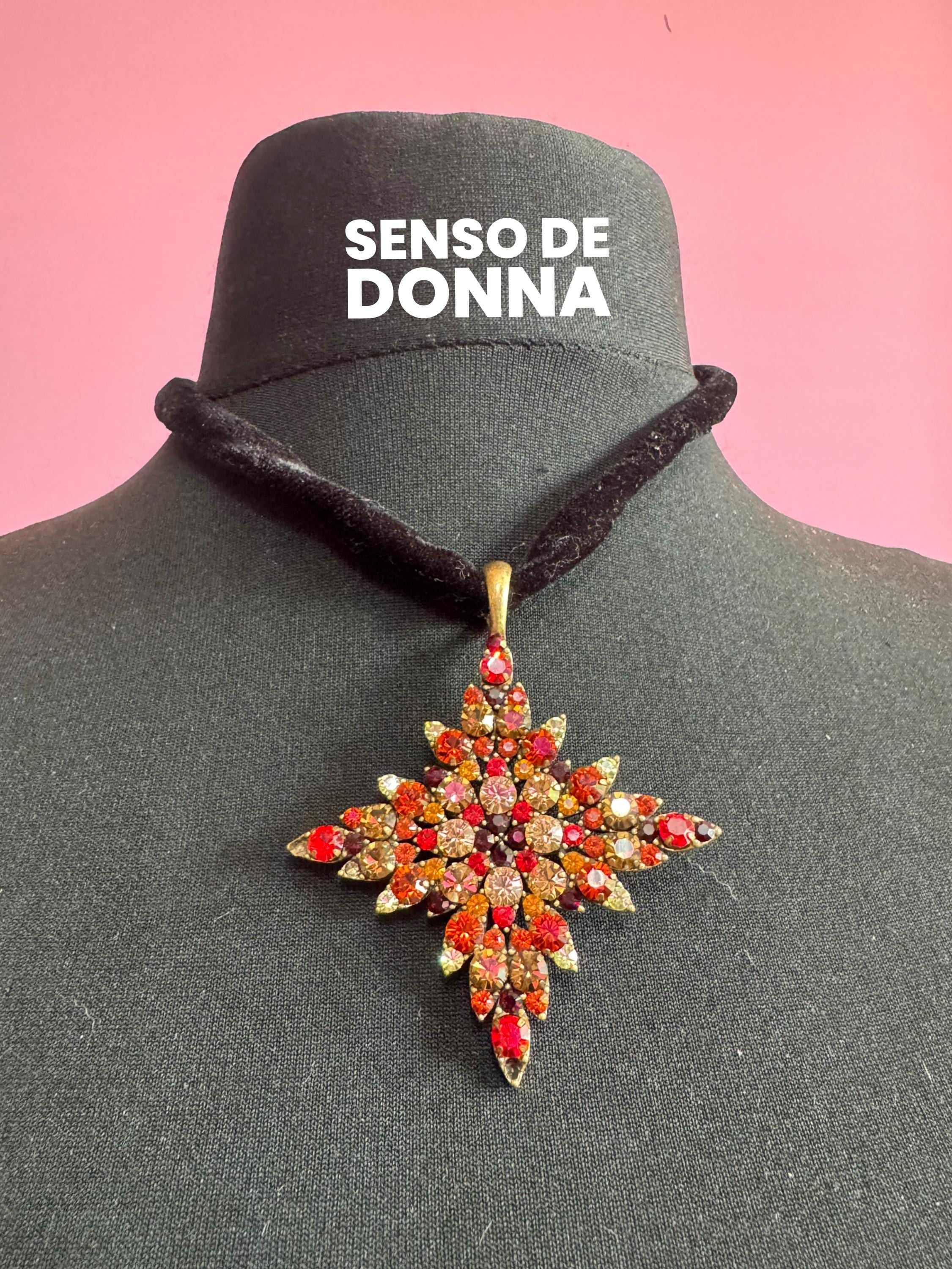 Signed Senso Di Donna Rhinestone Pendant Necklace: Red Orange Diamanté