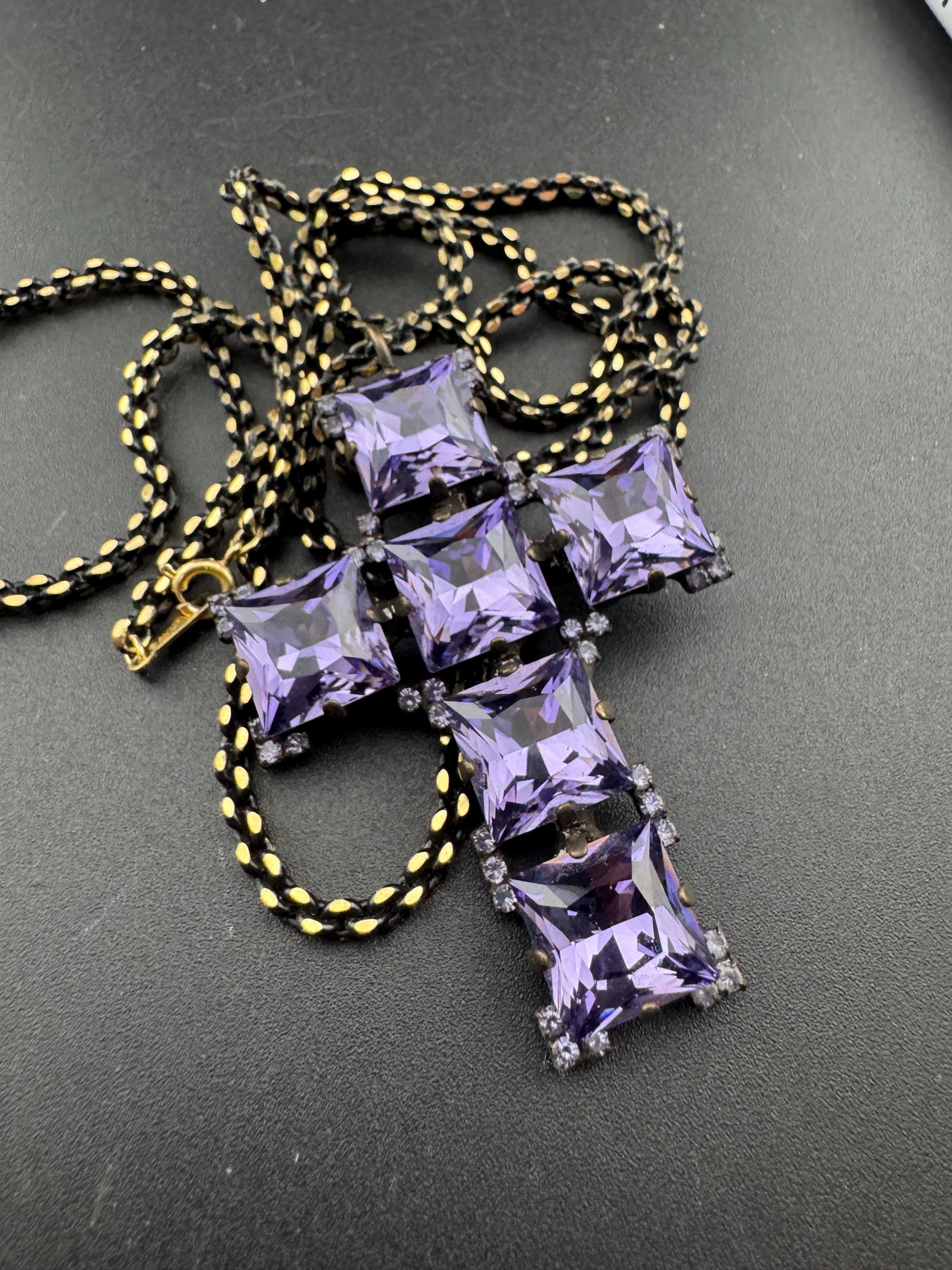 Signed Butler & Wilson Amethyst Rhinestone Cross Pendant Necklace