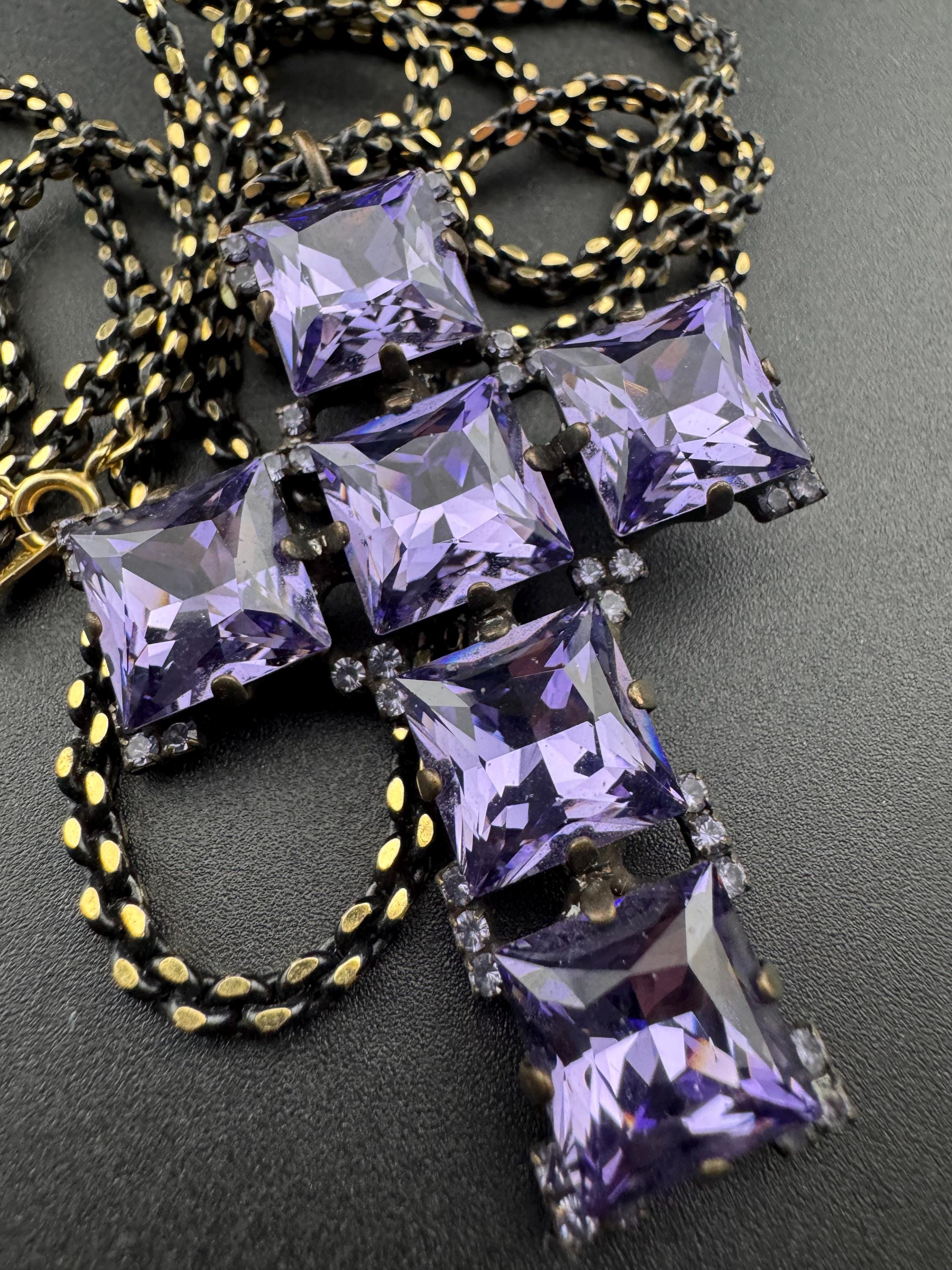 Signed Butler & Wilson Amethyst Rhinestone Cross Pendant Necklace
