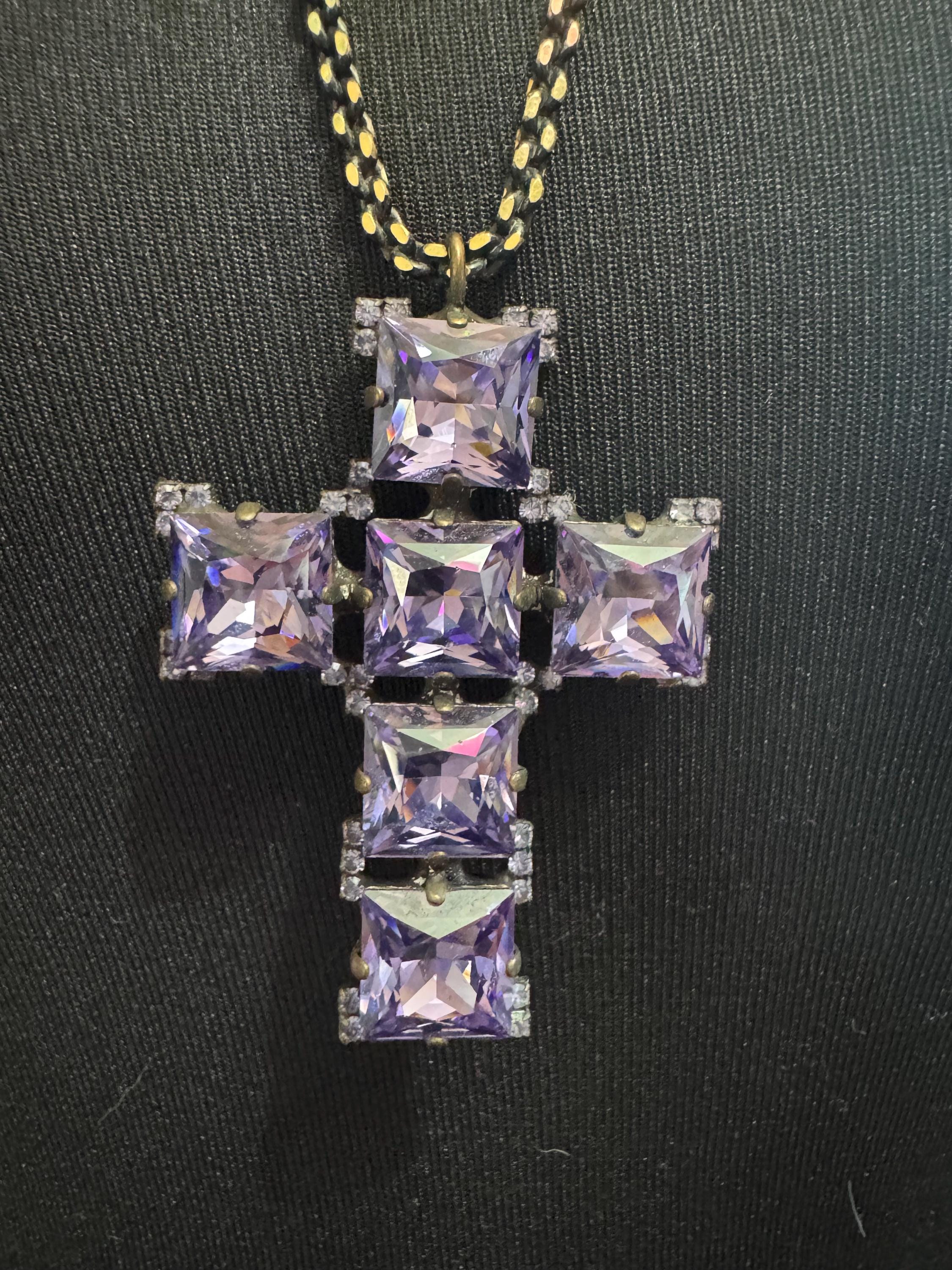 Signed Butler & Wilson Amethyst Rhinestone Cross Pendant Necklace