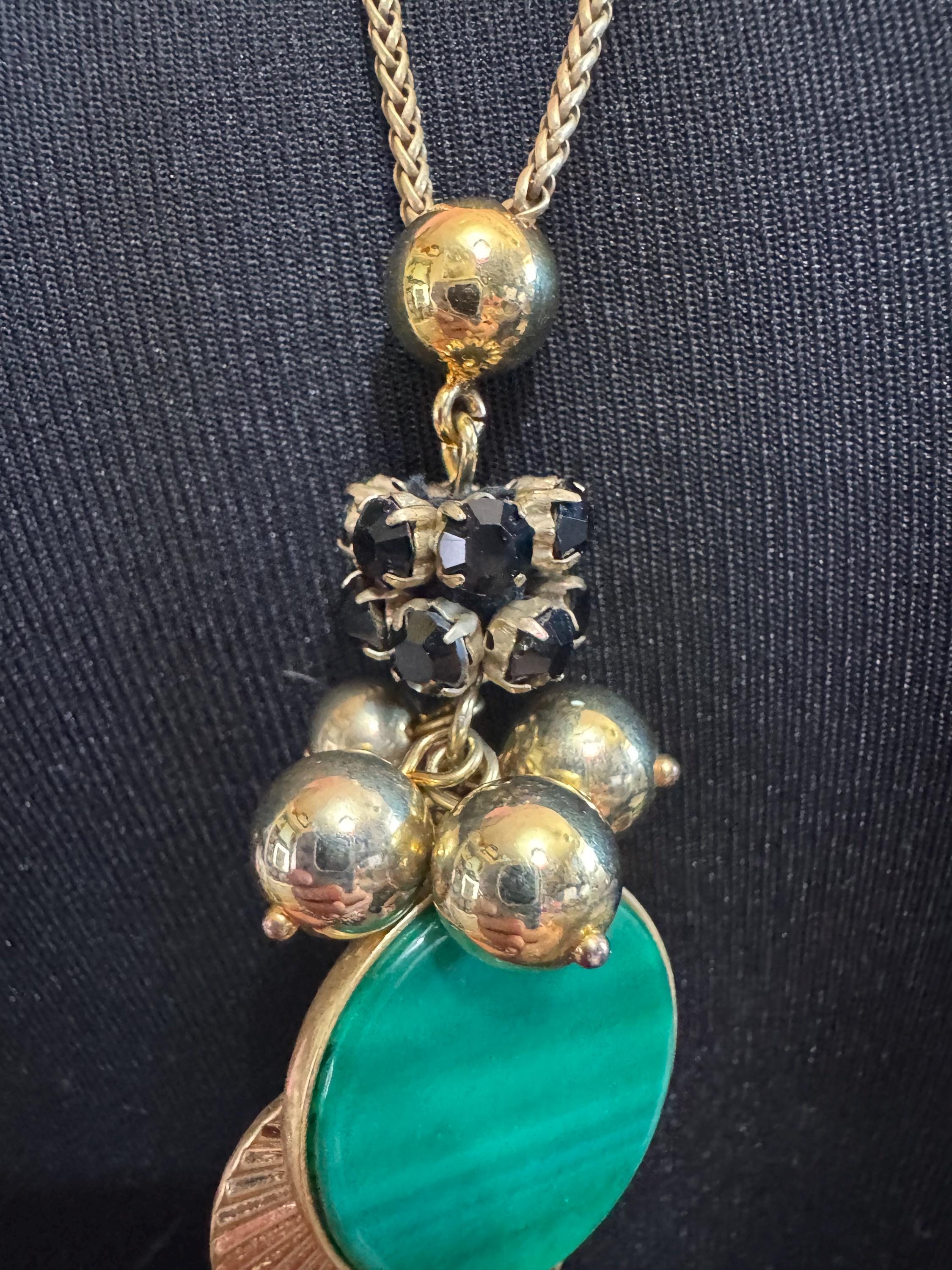 Signed Ann Taylor Green Leaf Pendant Necklace, Gold Tone