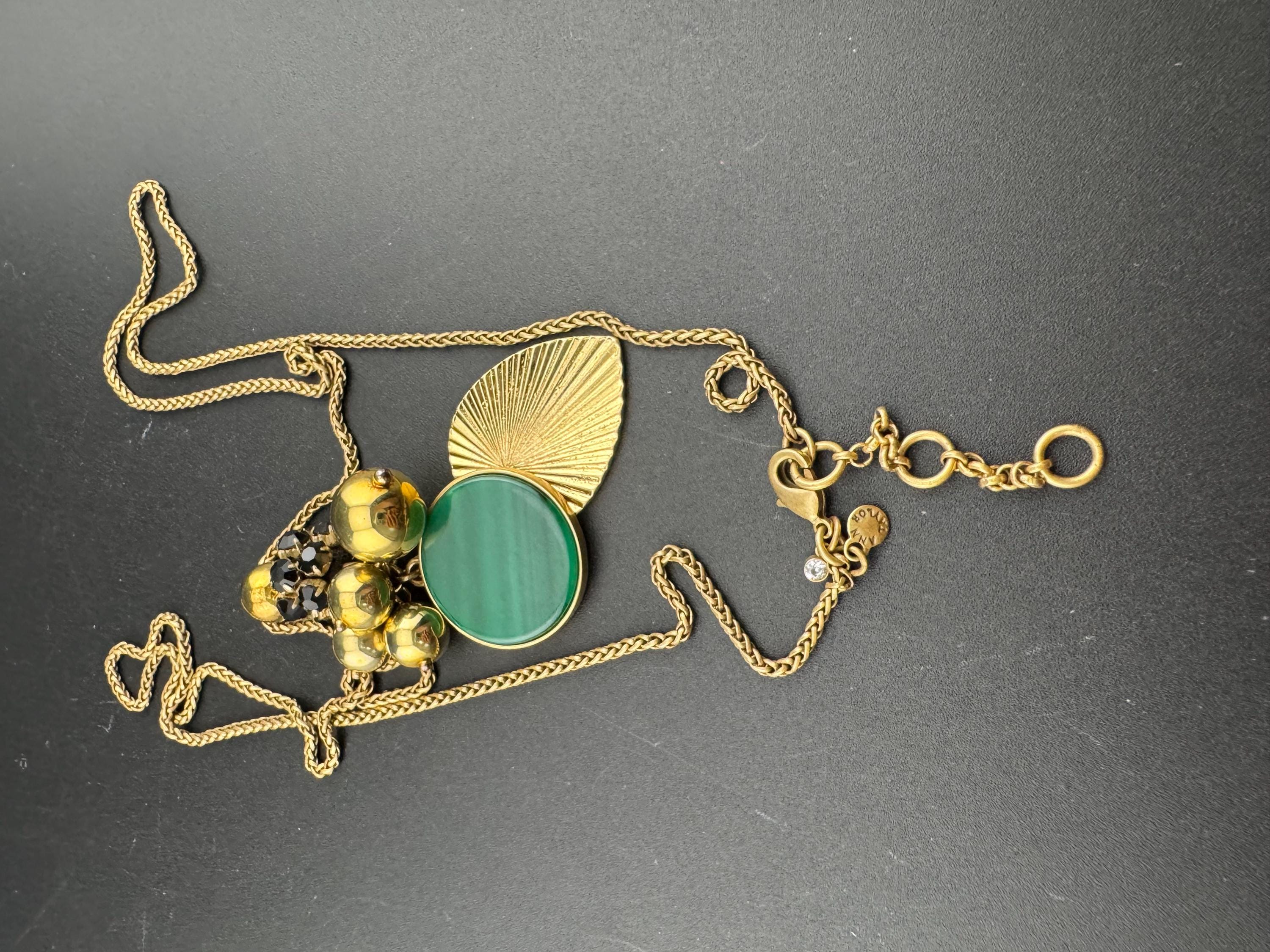 Signed Ann Taylor Green Leaf Pendant Necklace, Gold Tone