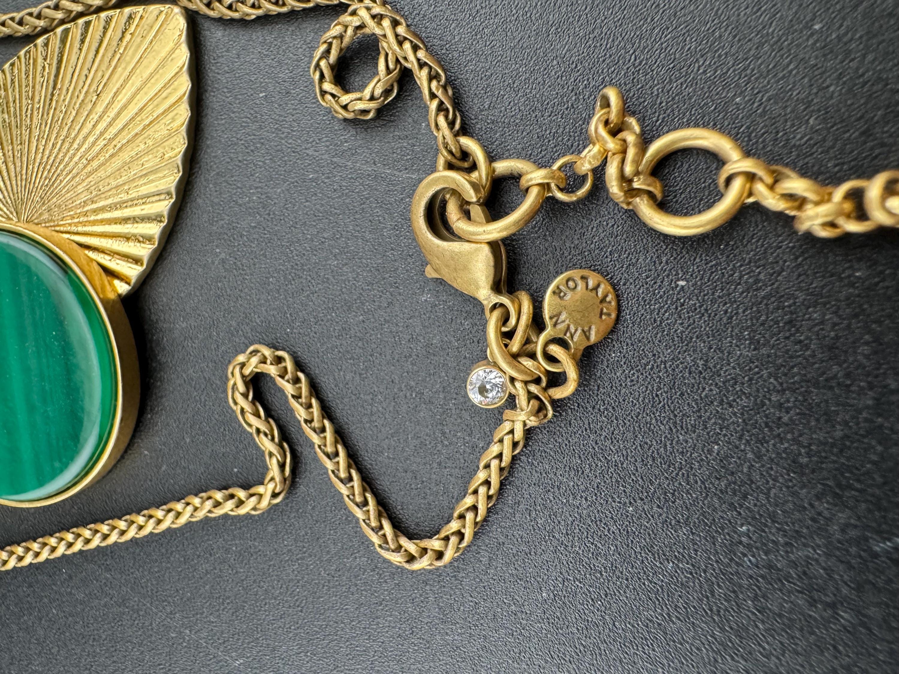 Signed Ann Taylor Green Leaf Pendant Necklace, Gold Tone