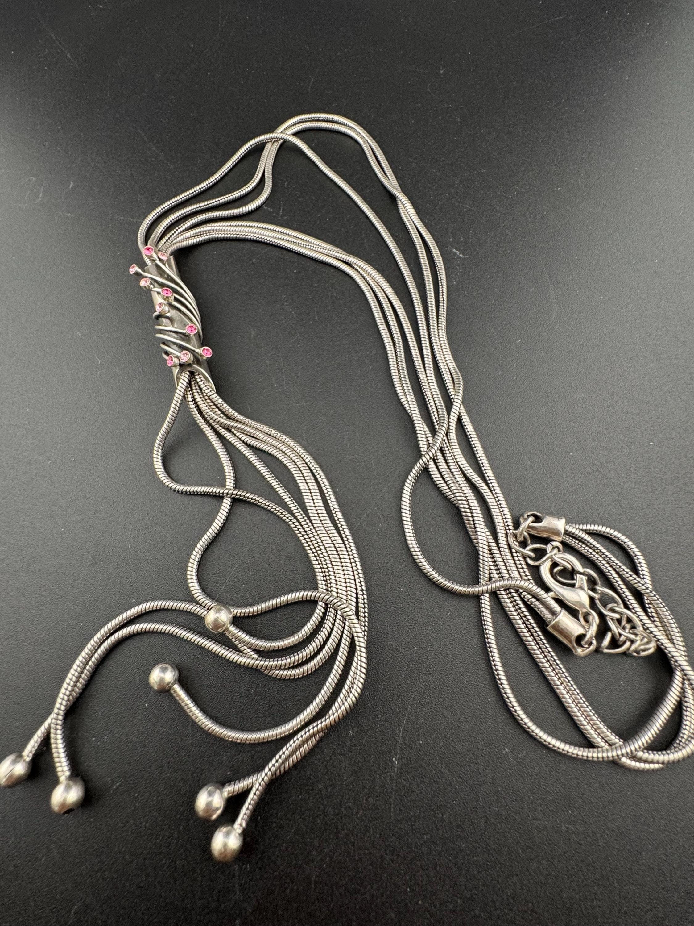 Vintage Spyrilliotis Athens signed silver modernist tassel pendant necklace set with pink rhinestones
