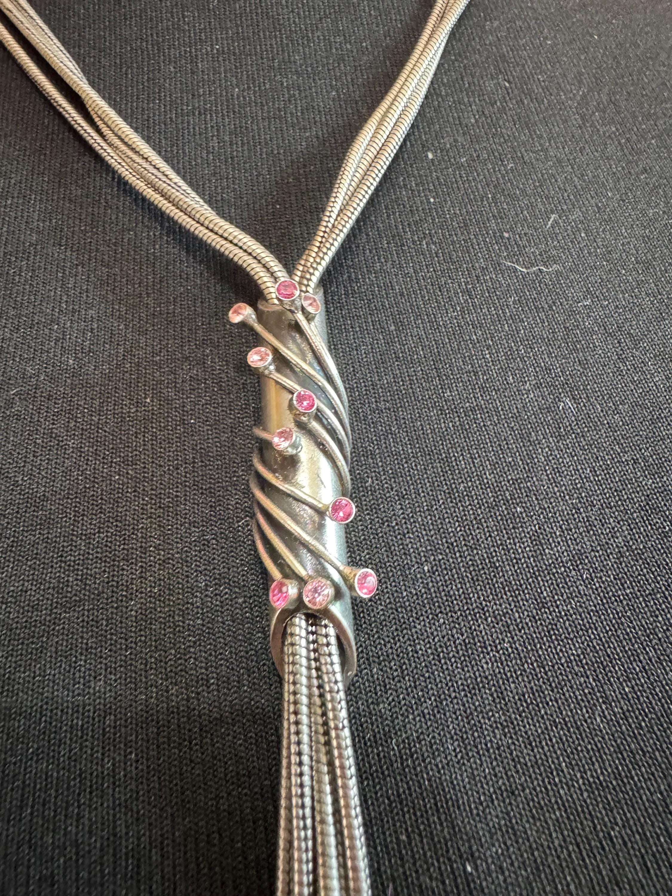 Vintage Spyrilliotis Athens signed silver modernist tassel pendant necklace set with pink rhinestones