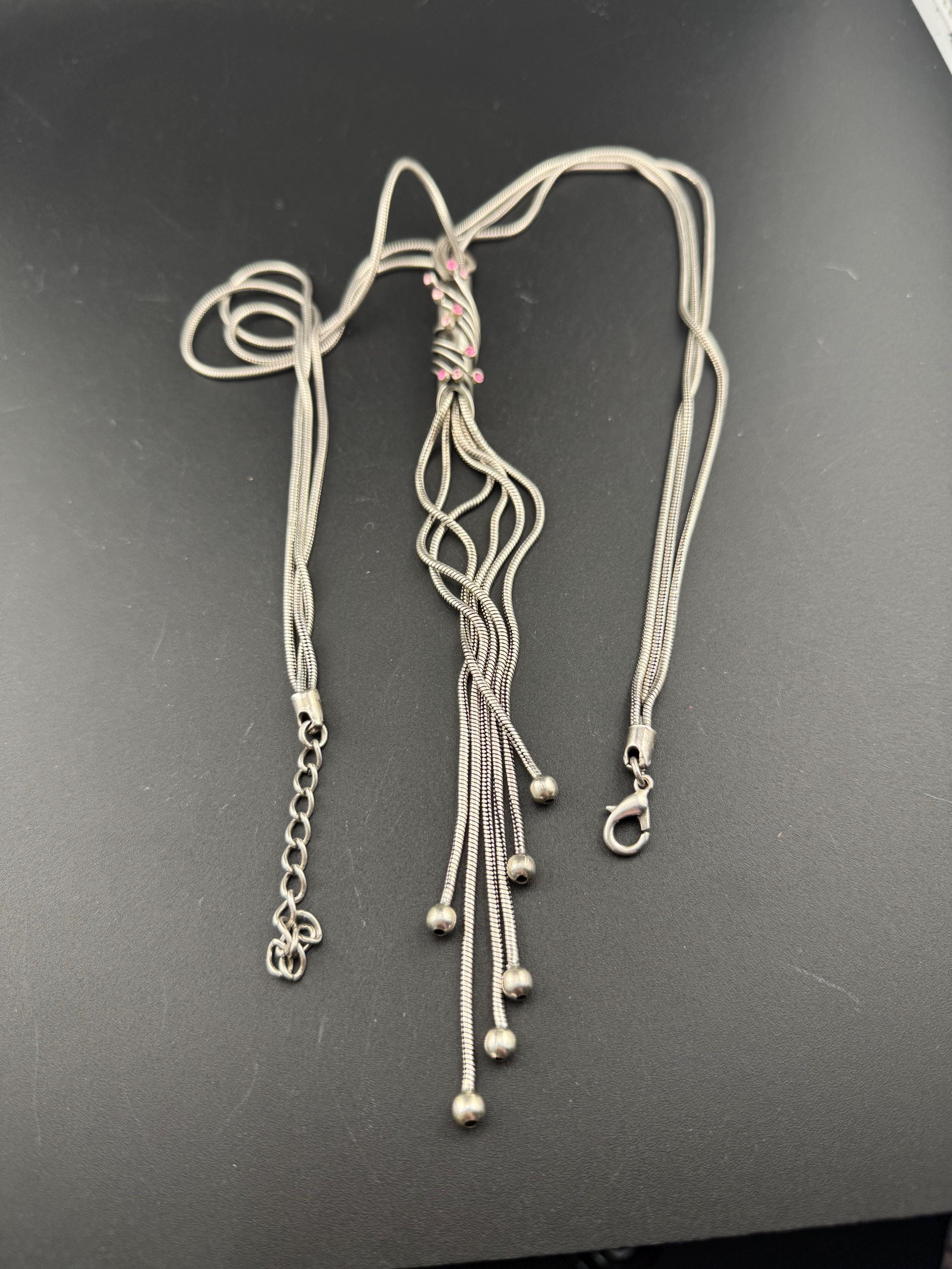 Vintage Spyrilliotis Athens signed silver modernist tassel pendant necklace set with pink rhinestones