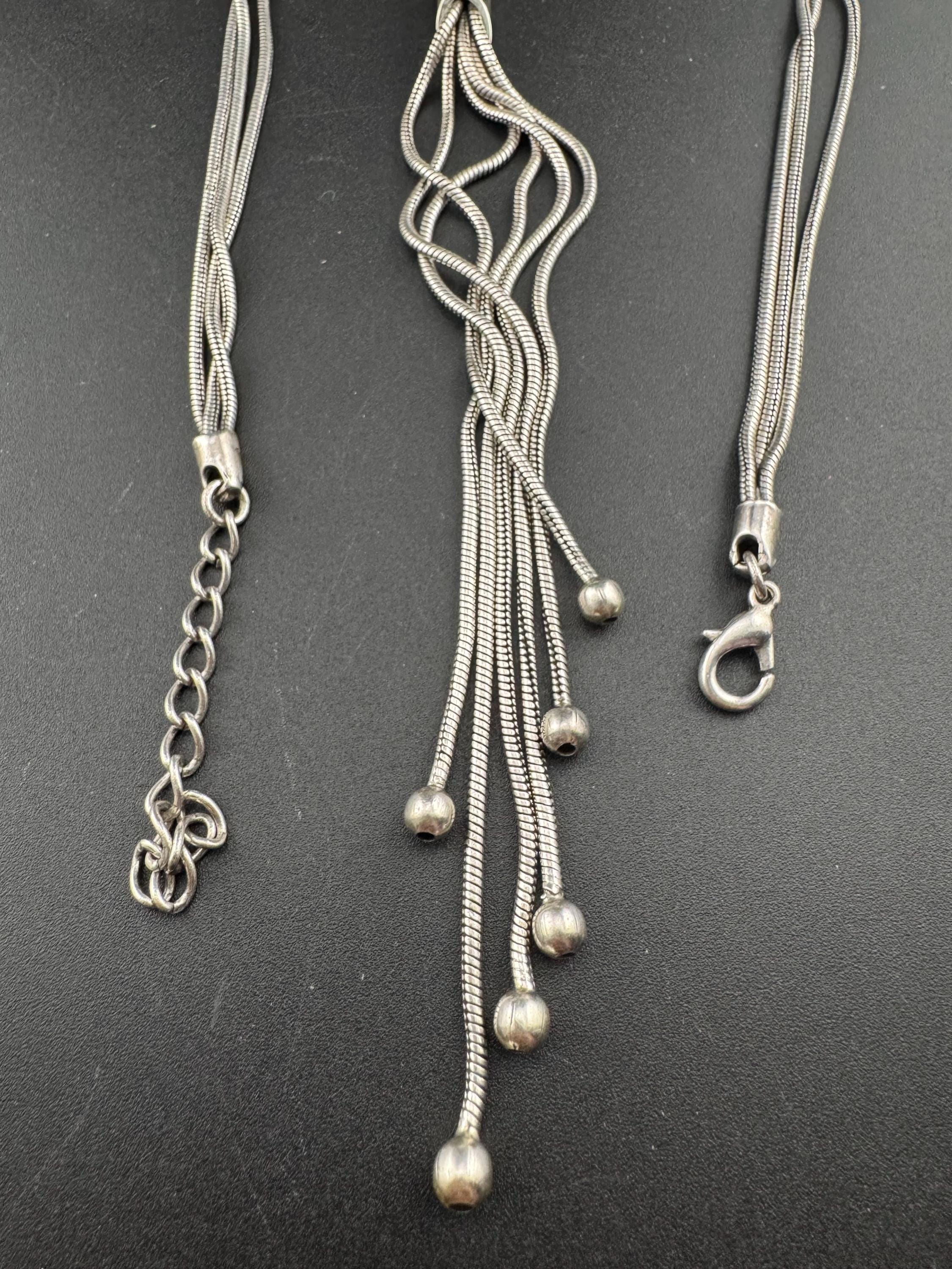 Vintage Spyrilliotis Athens signed silver modernist tassel pendant necklace set with pink rhinestones