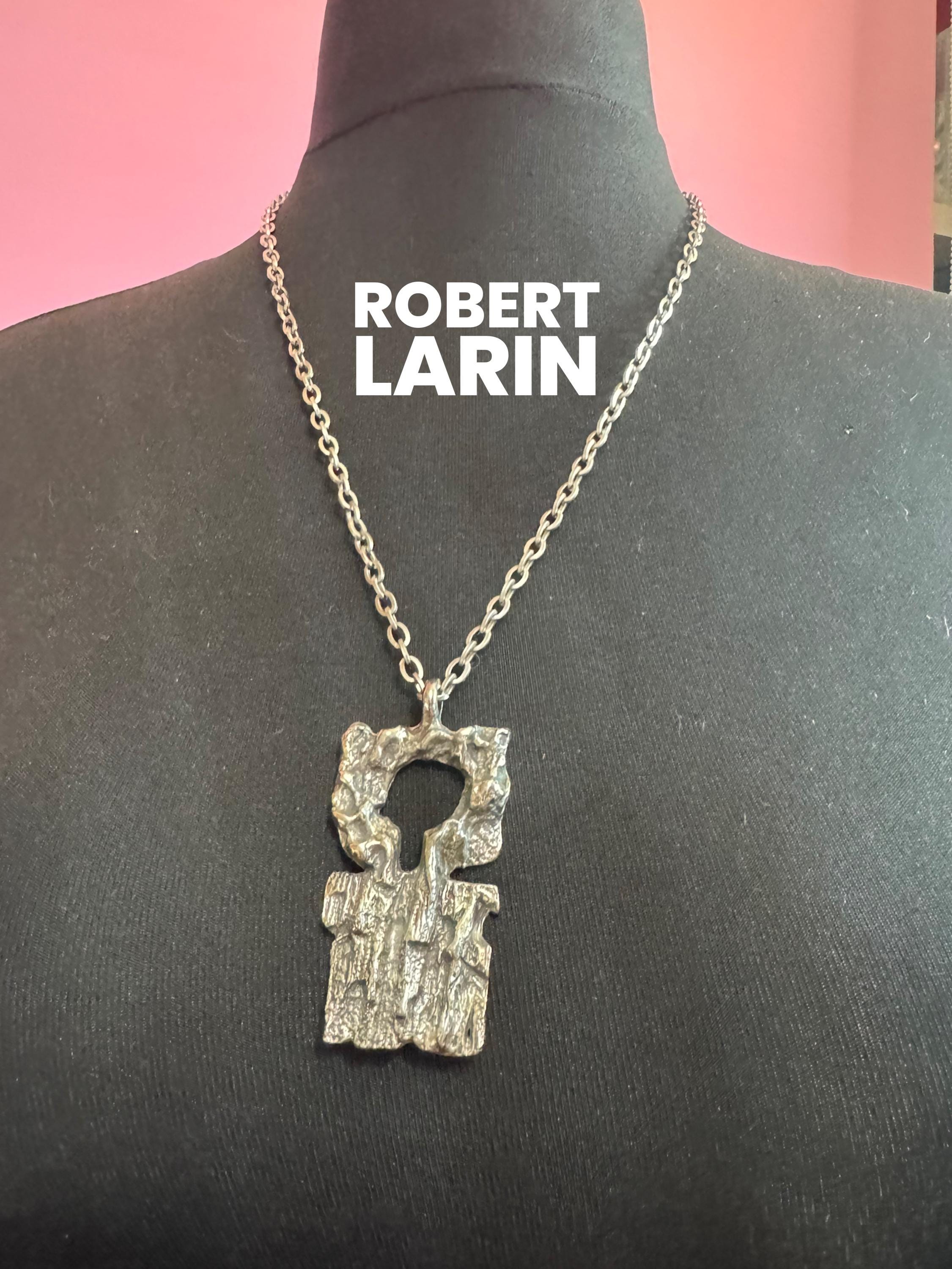 Vintage 1970s signed Robert Larin abstract brutalist pendant on 64cm chain, Canadian designer
