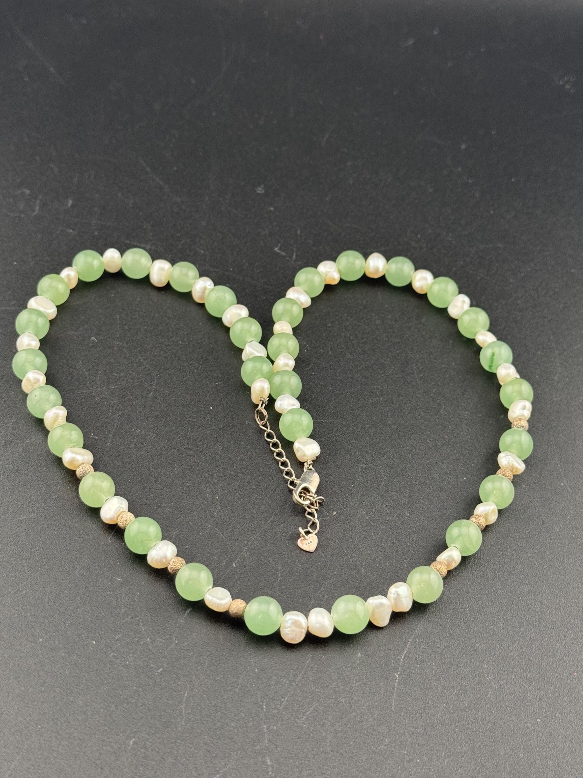 Retro 925 Chinese natural jade beaded collar necklace with freshwater pearls and copper beads, sterling silver
