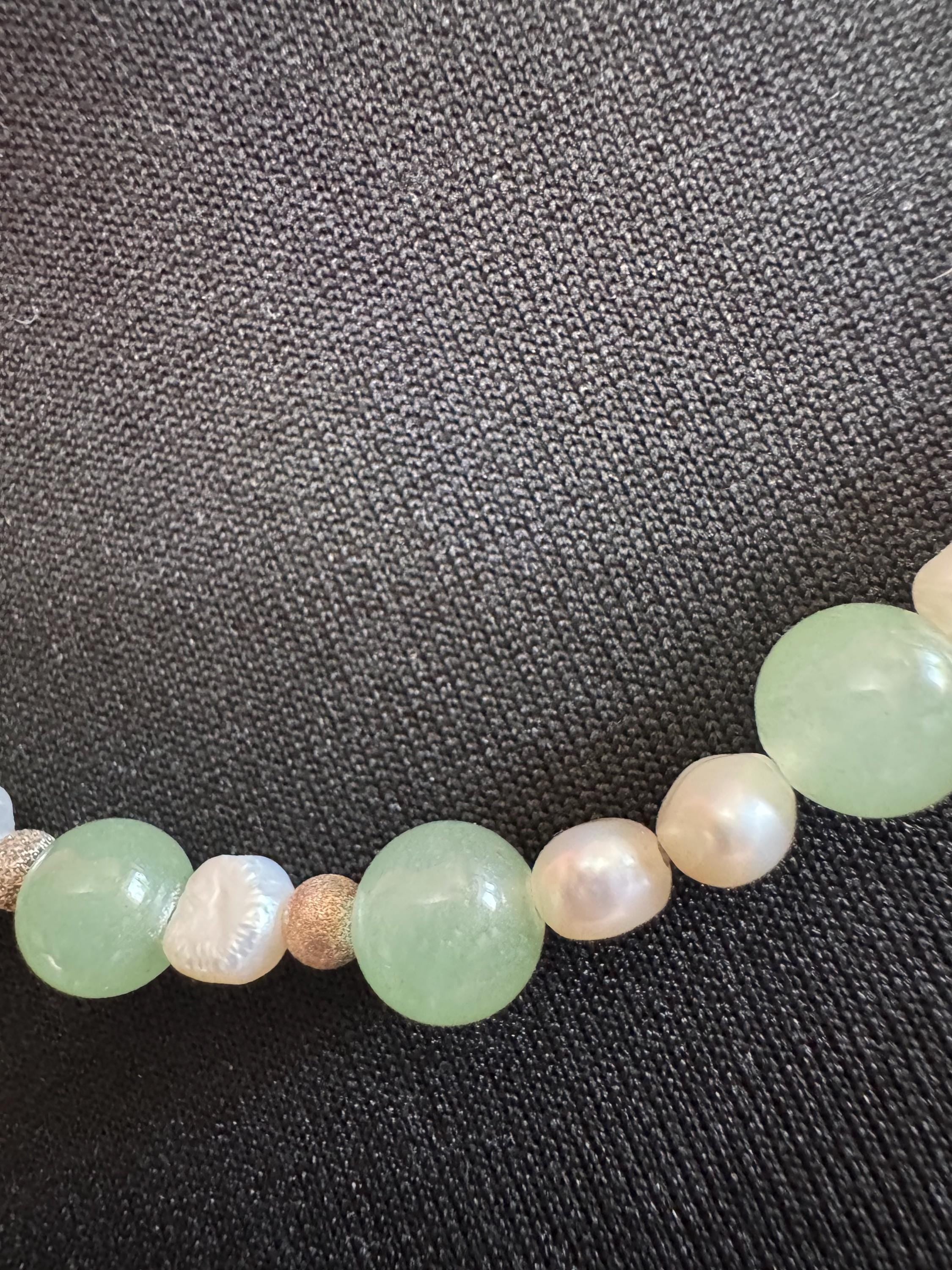 Retro 925 Chinese natural jade beaded collar necklace with freshwater pearls and copper beads, sterling silver