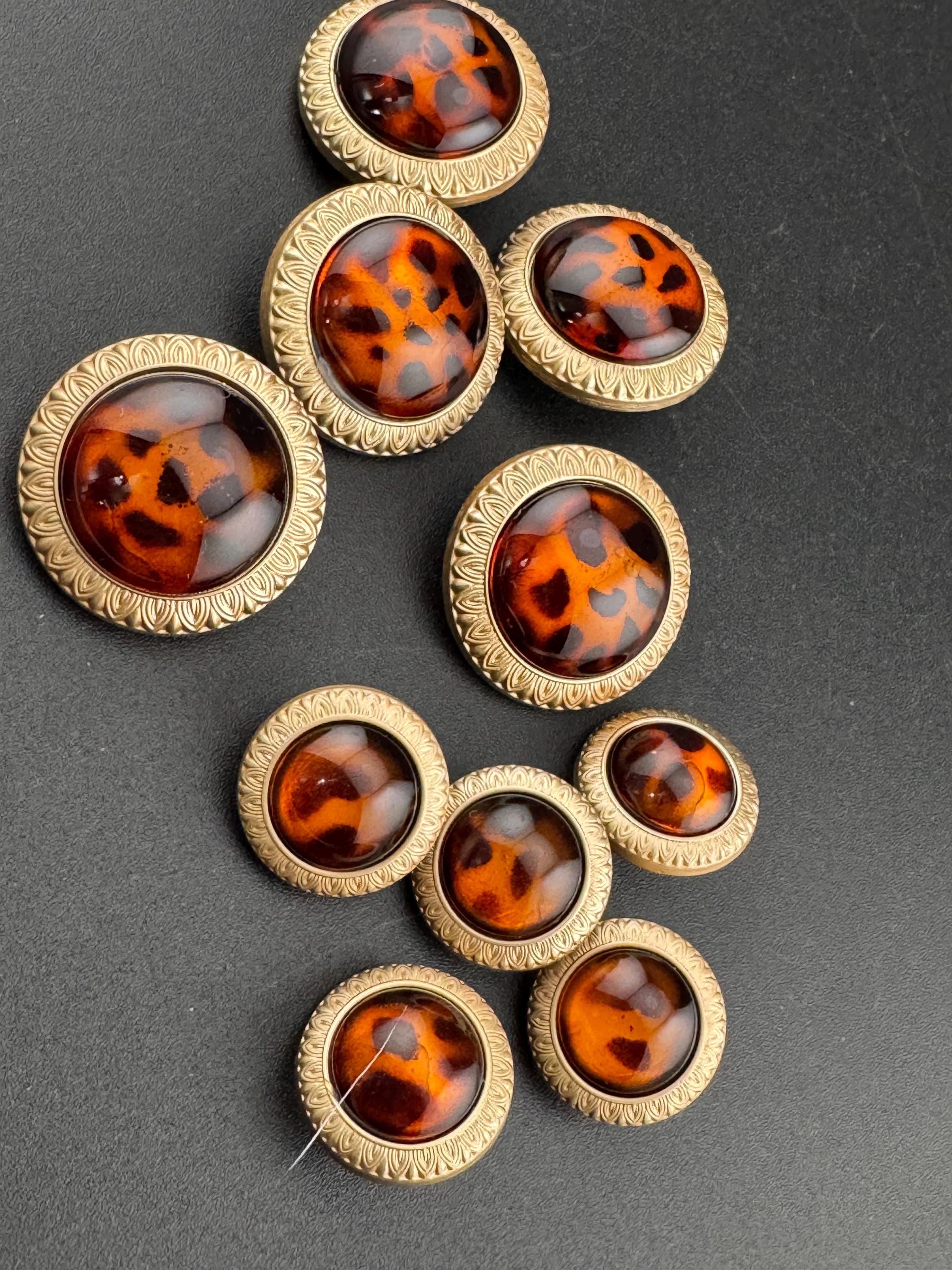 Leopard Print gold Buttons, Amber Brown Acrylic Metal (5 pack)