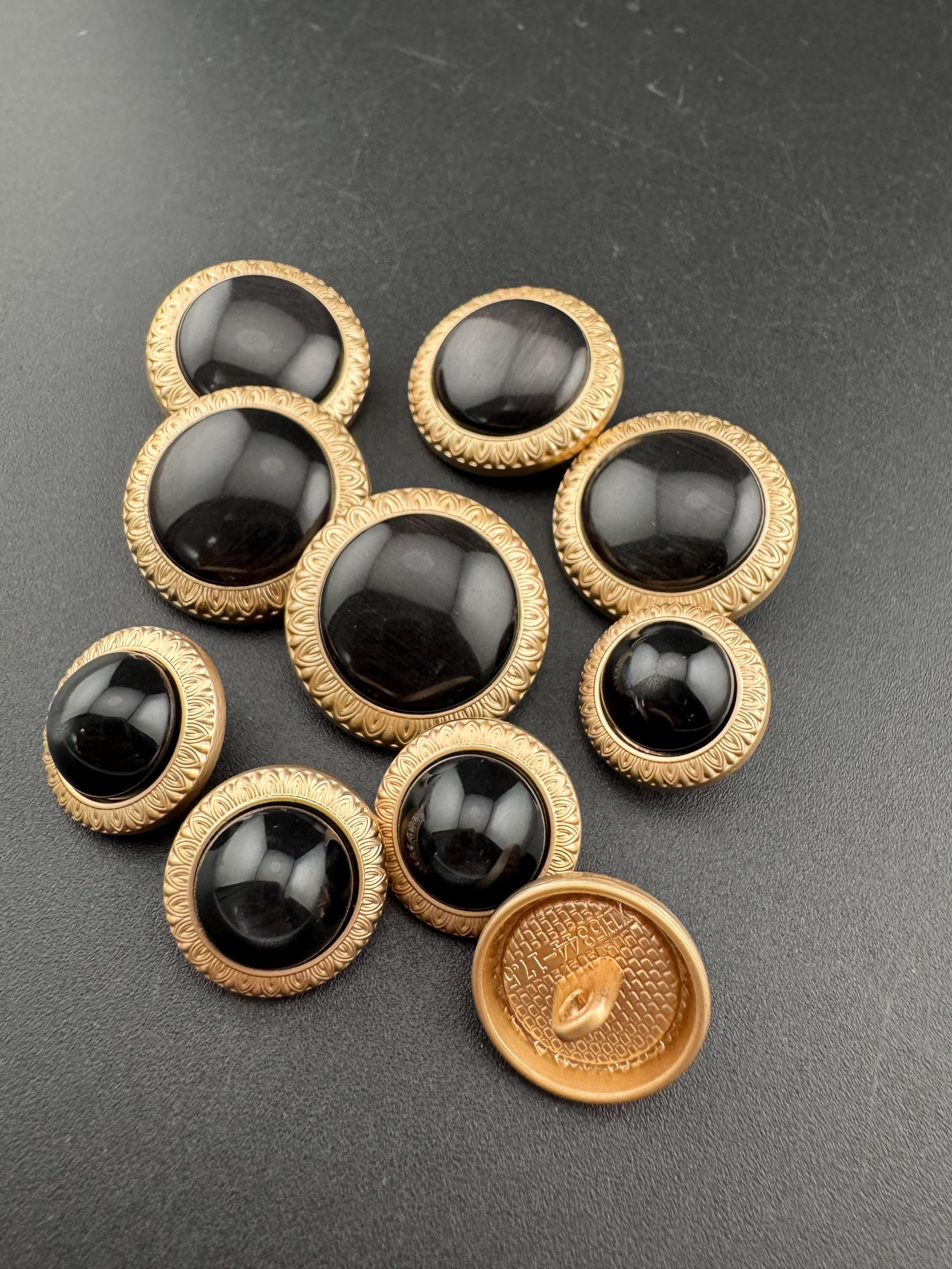 5 Black Acrylic Buttons: Gold Metal Shank, 18mm/25mm