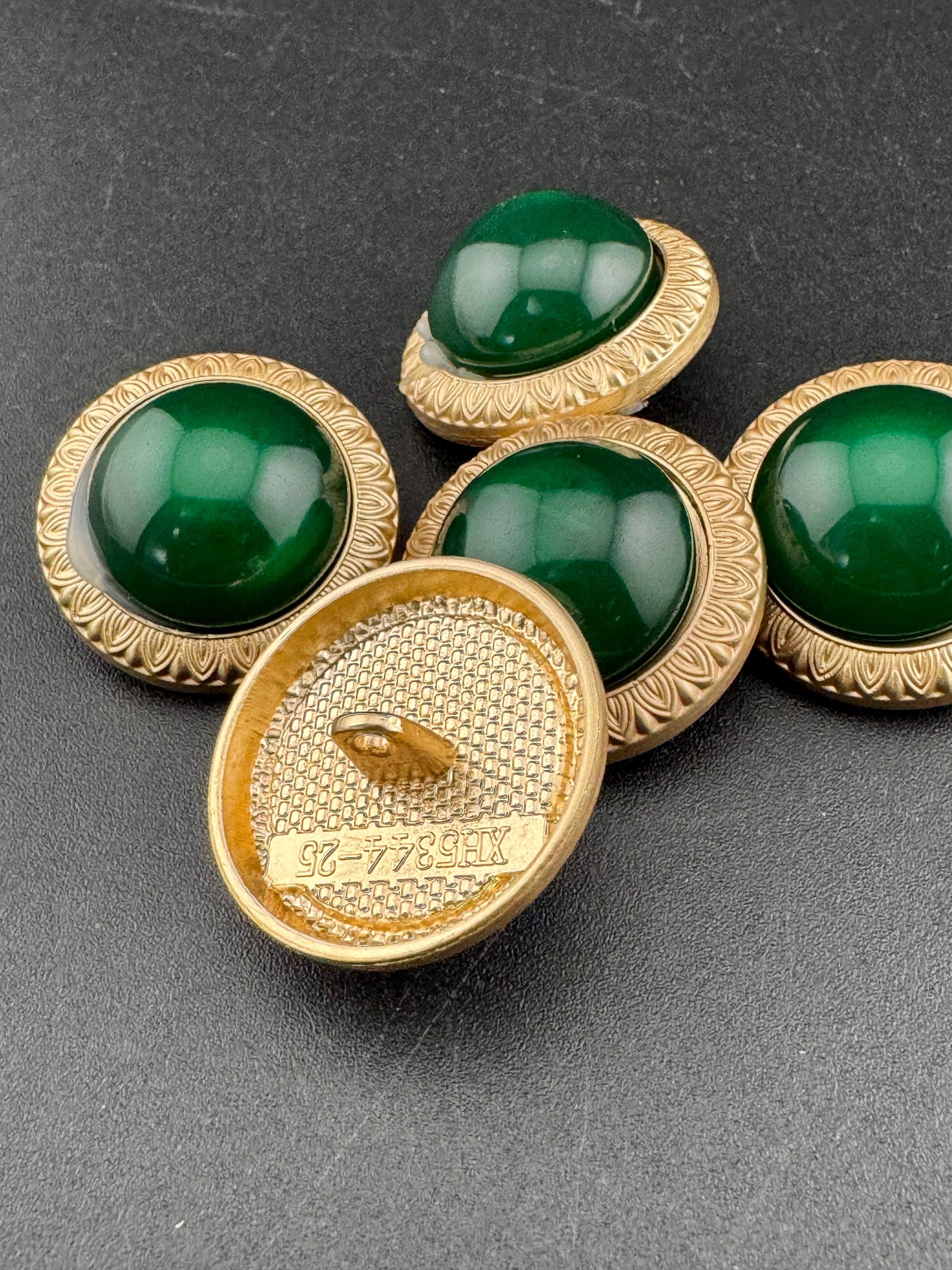 Emerald Green Buttons: Gold Metal Shank, Acrylic Domed (5 pack)