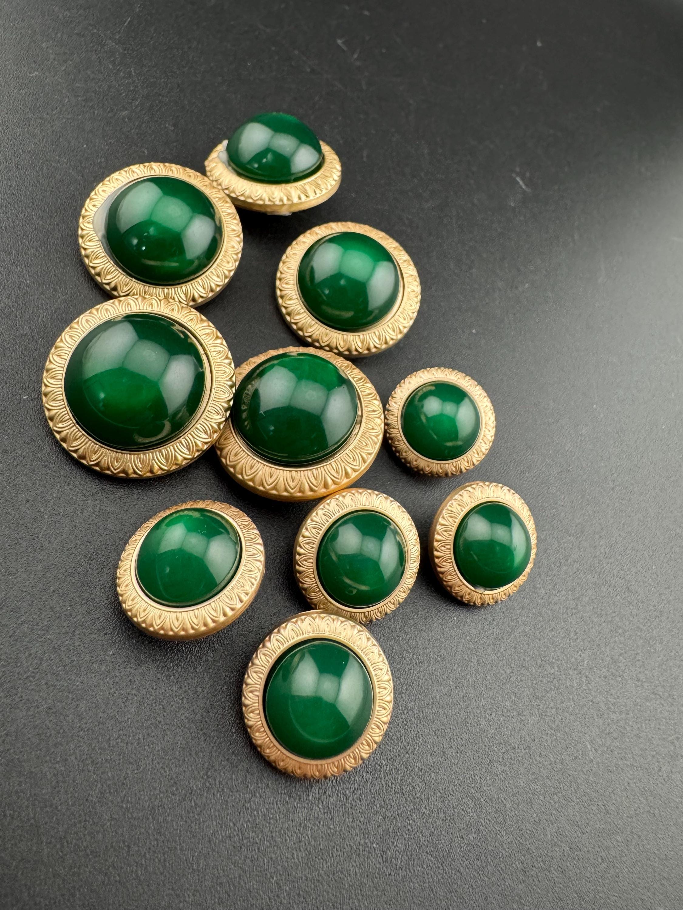 Emerald Green Buttons: Gold Metal Shank, Acrylic Domed (5 pack)