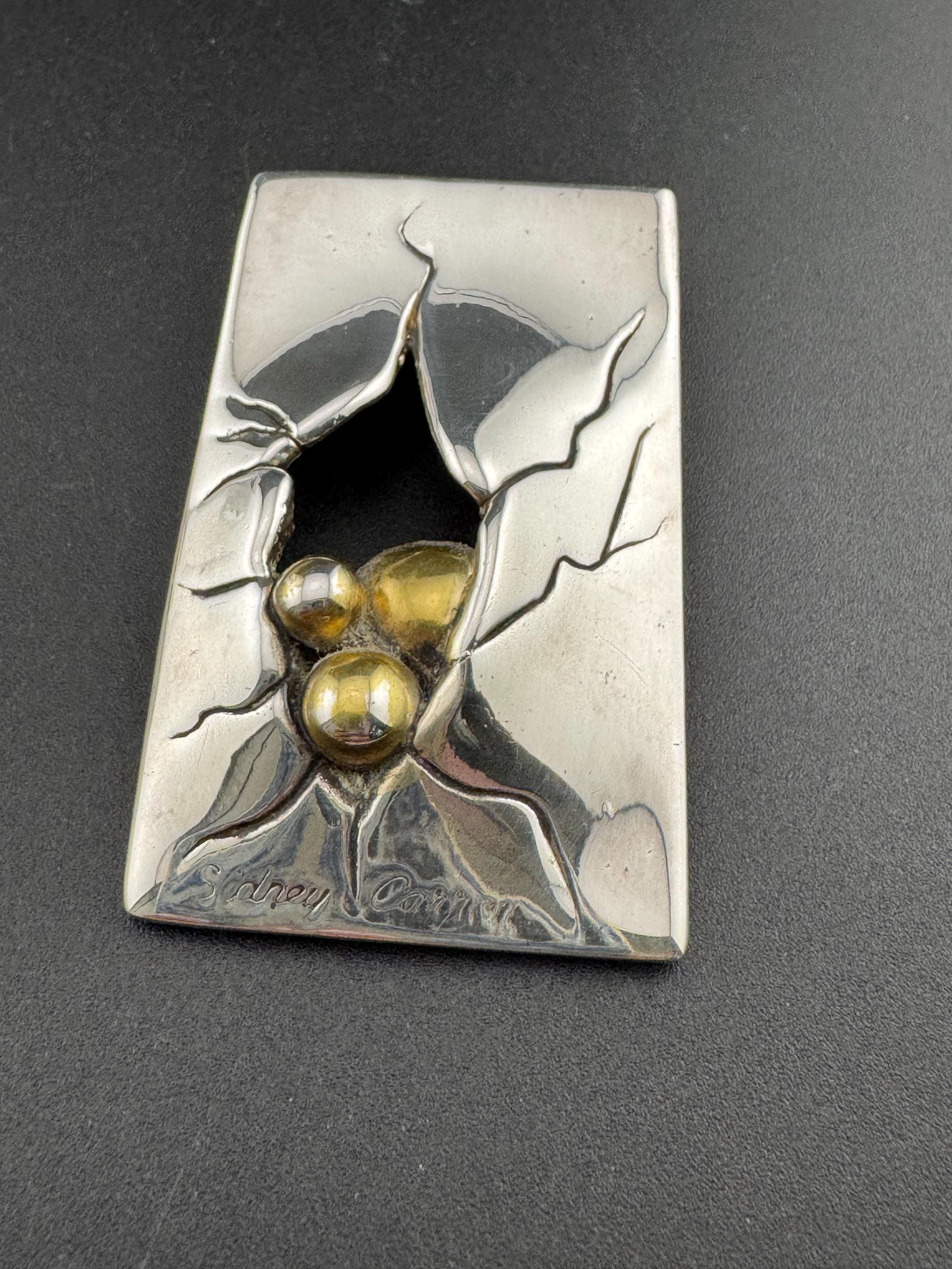 Signed SIDNEY CARRON Paris French designer large silver tone modernist brooch