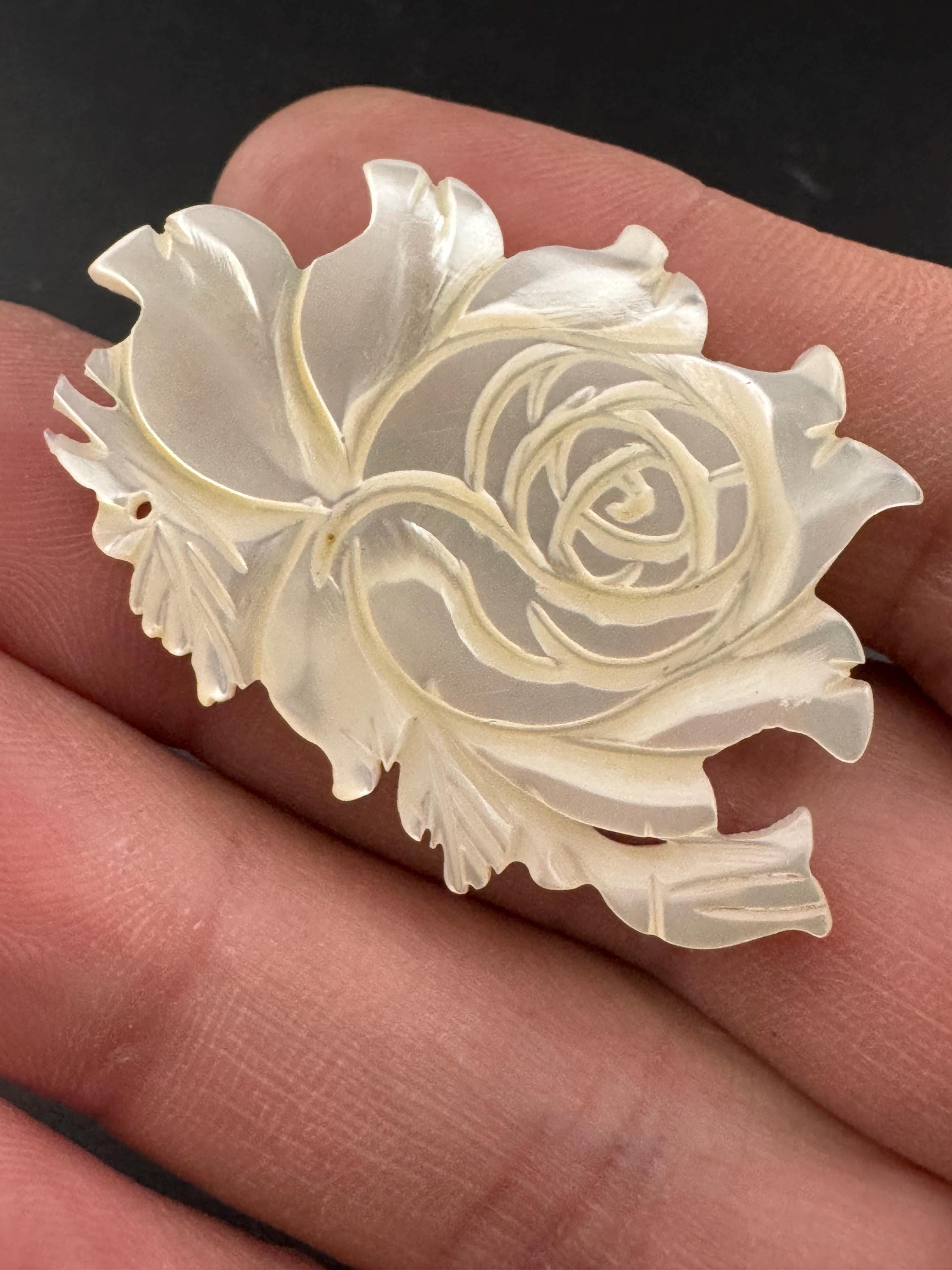Vintage MOP carved cut Mother of Pearl floral rose Brooch