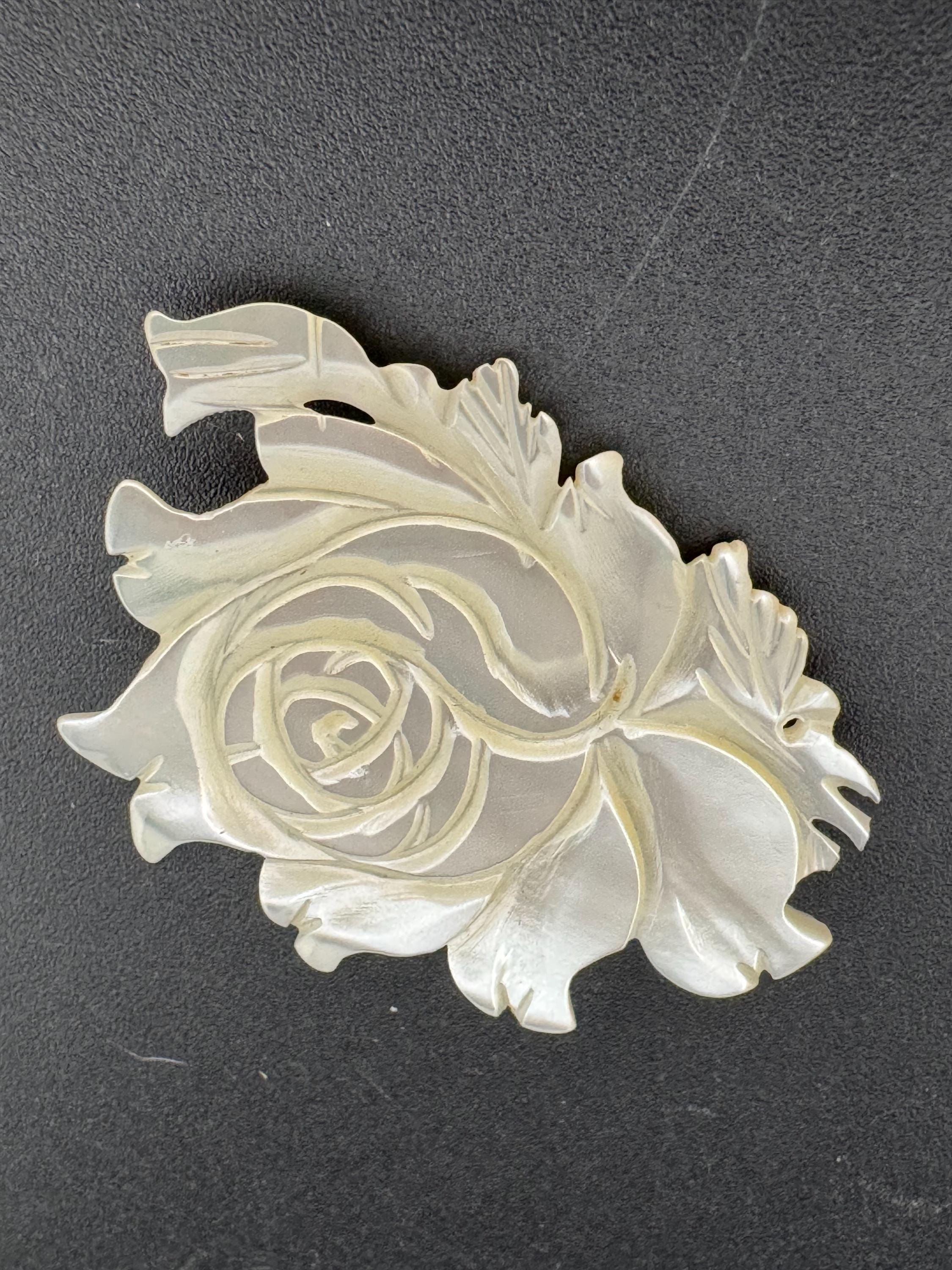 Vintage MOP carved cut Mother of Pearl floral rose Brooch