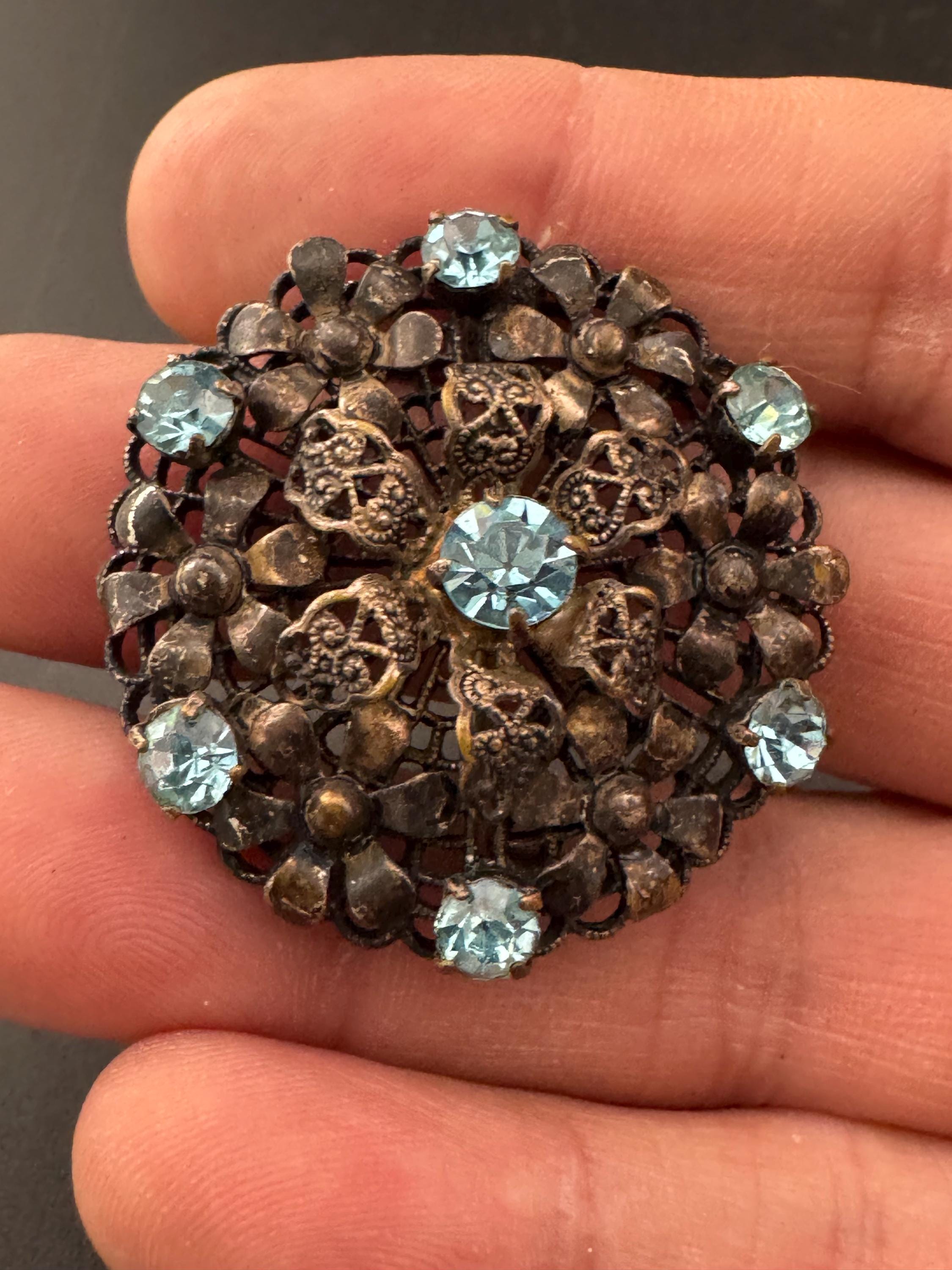 Vintage czech stamped filigree silver tone metal turquoise blue glass diamanté large brooch