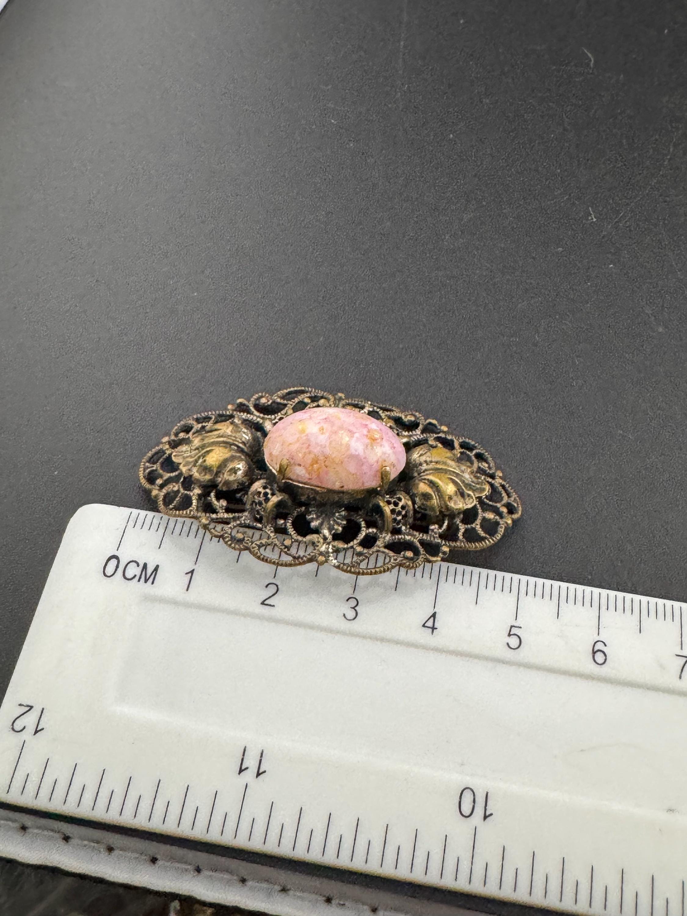 Vintage Art Deco Czech Brass Filigree pink cabochon Brooch Glass Early Period 1920s 1930s 1940s