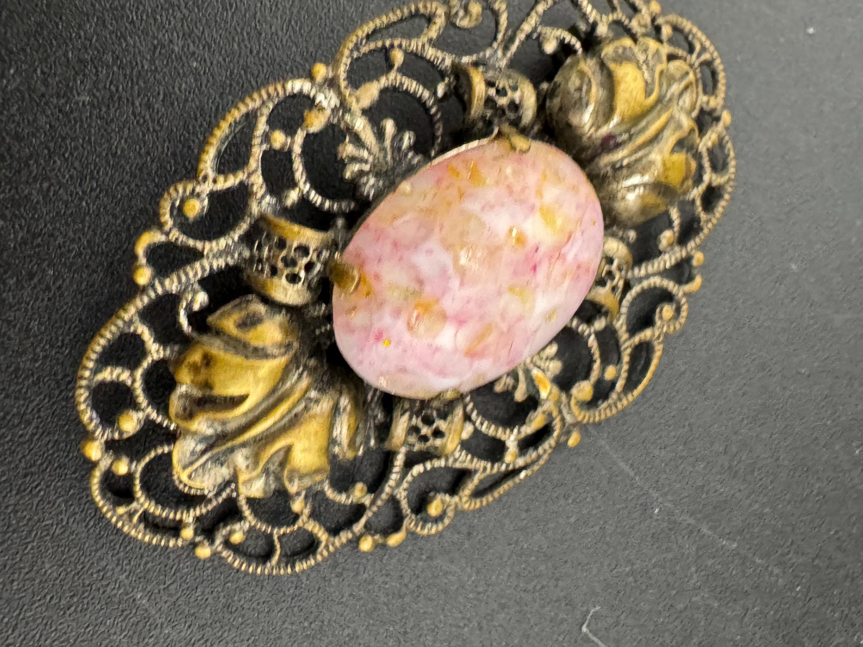 Vintage Art Deco Czech Brass Filigree pink cabochon Brooch Glass Early Period 1920s 1930s 1940s