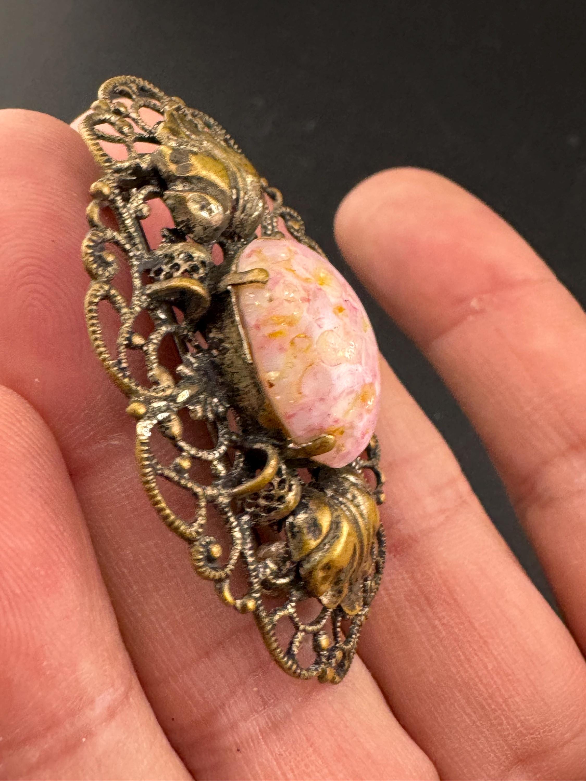 Vintage Art Deco Czech Brass Filigree pink cabochon Brooch Glass Early Period 1920s 1930s 1940s