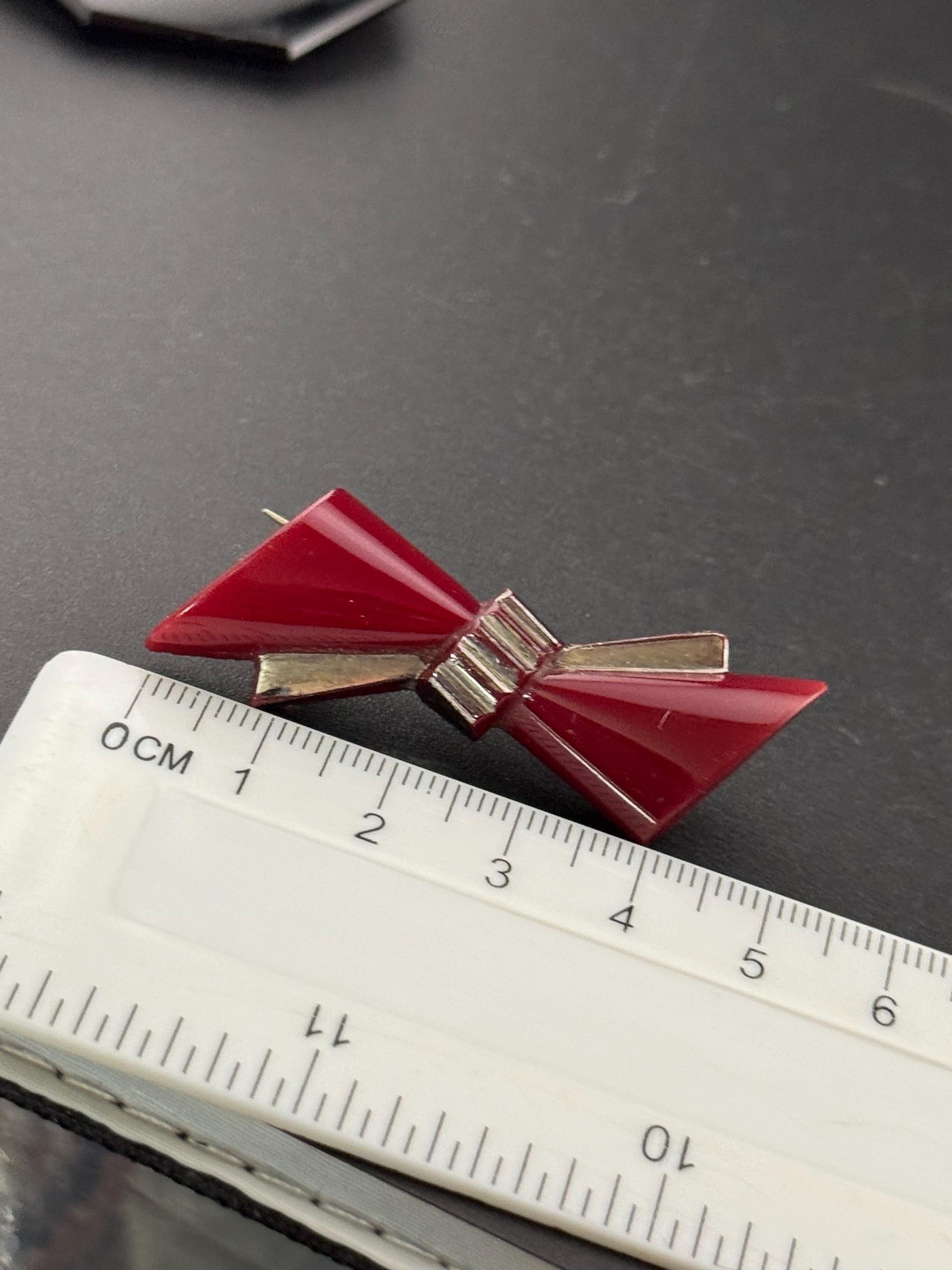 antique Czech Red moulded glass bow brooch silver art deco