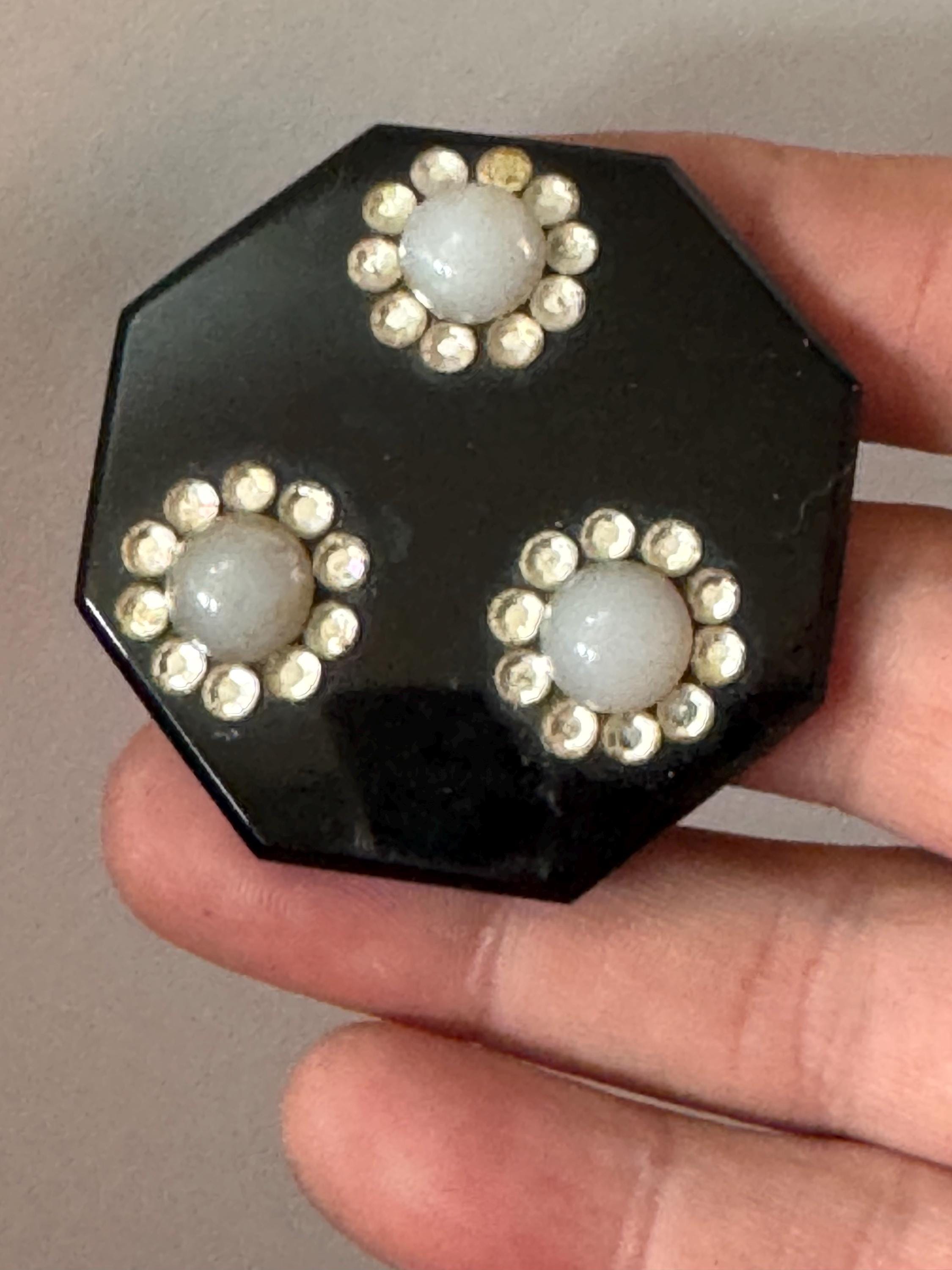 Antique to mid century french Black Glass fliral octagon brooch pin Art Deco modernist