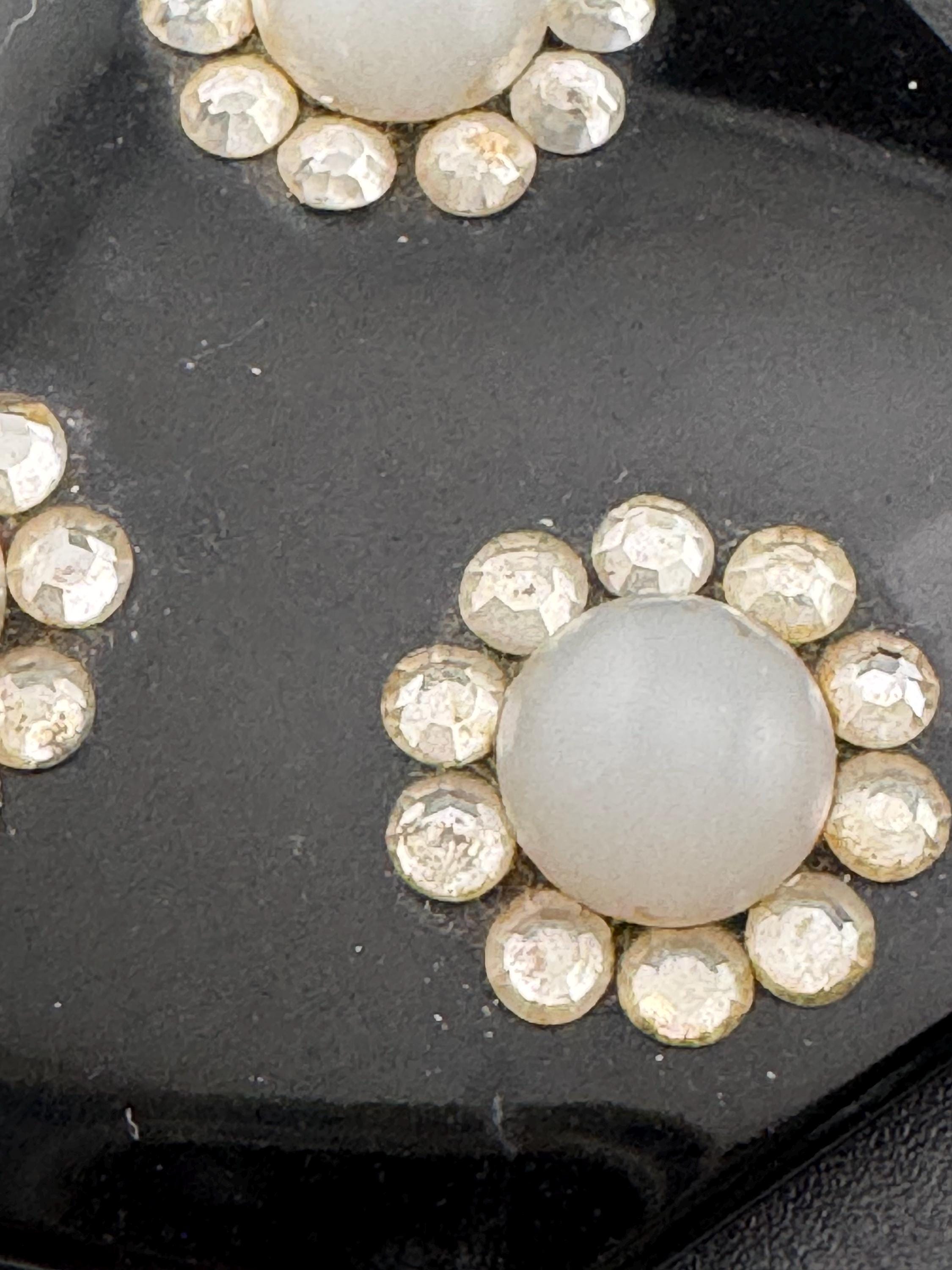 Antique to mid century french Black Glass fliral octagon brooch pin Art Deco modernist