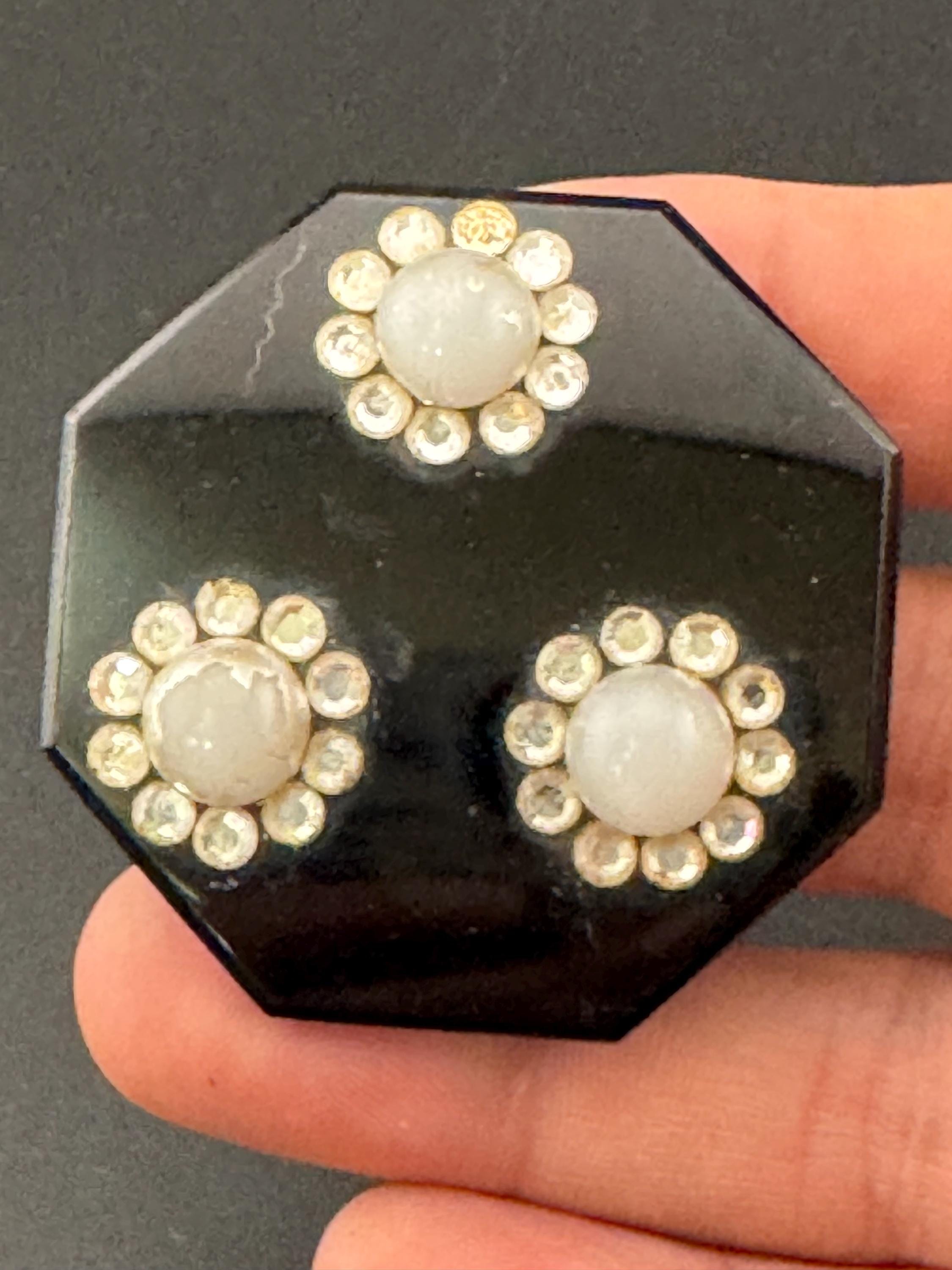 Antique to mid century french Black Glass fliral octagon brooch pin Art Deco modernist