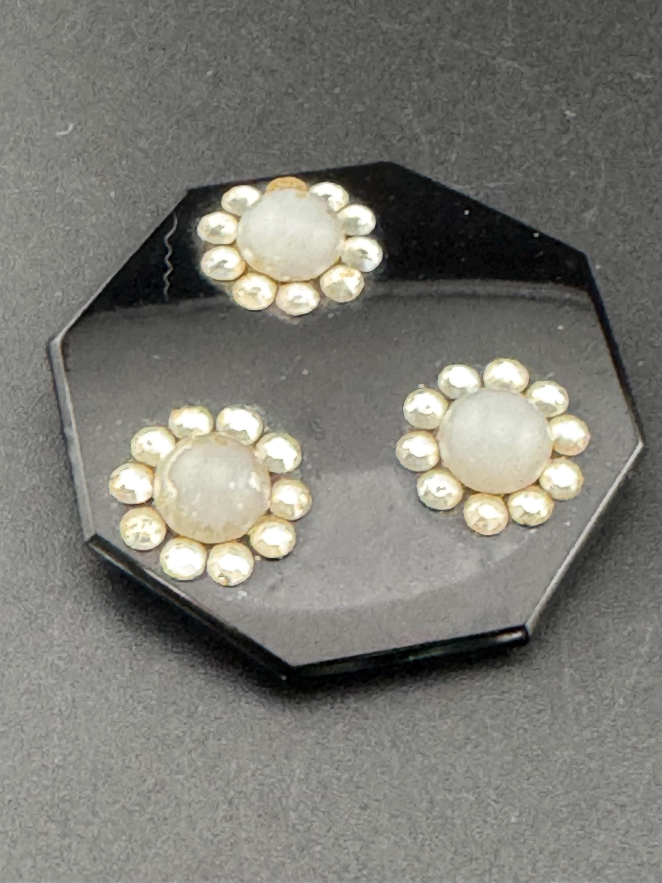 Antique to mid century french Black Glass fliral octagon brooch pin Art Deco modernist