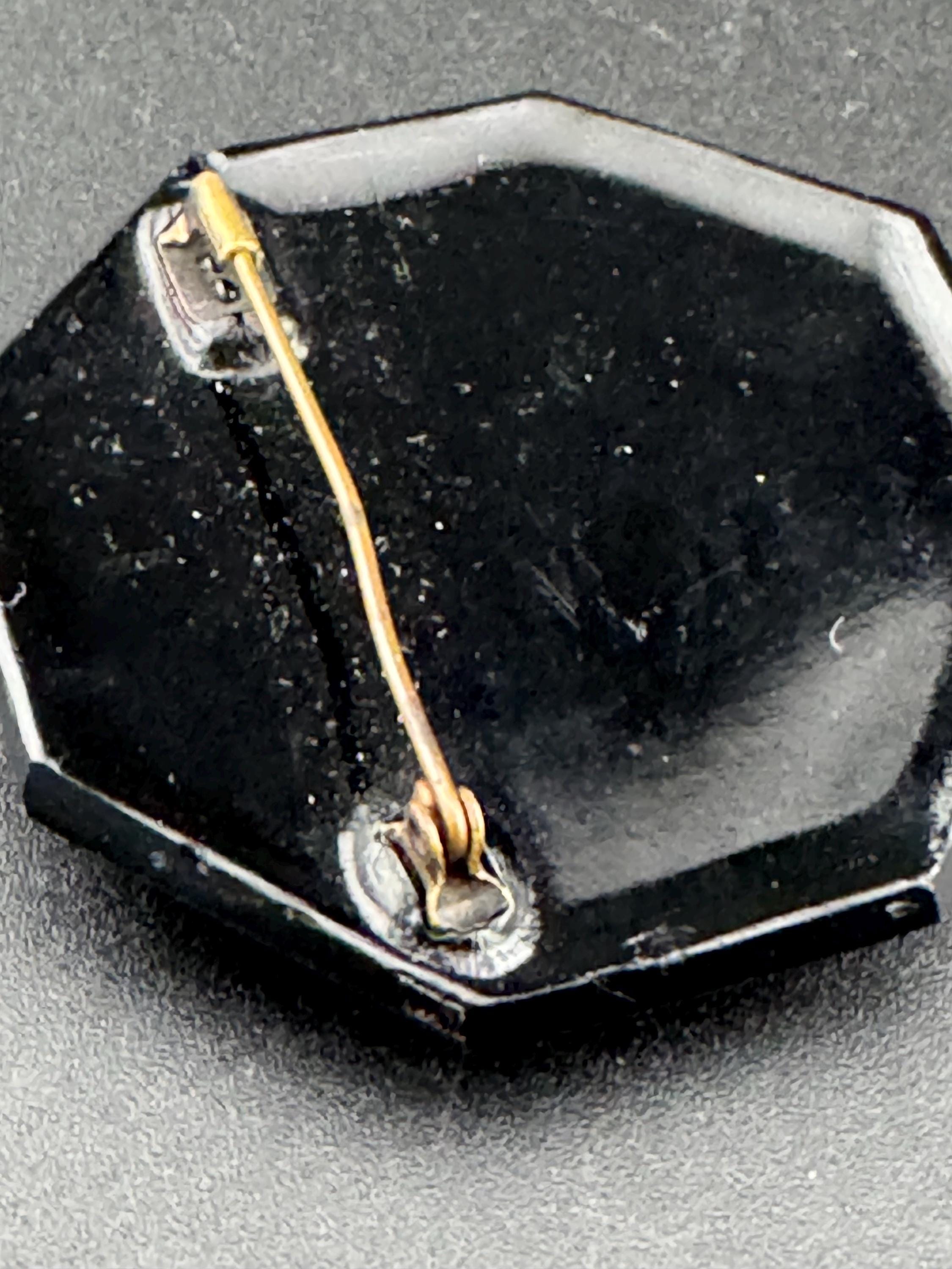 Antique to mid century french Black Glass fliral octagon brooch pin Art Deco modernist